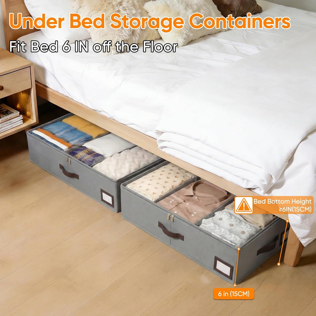 2 Pack 53L Under Bed Storage with Adjustable Dividers, 6" Low Profile Underbed Storage Bins for Comforters & Clothes