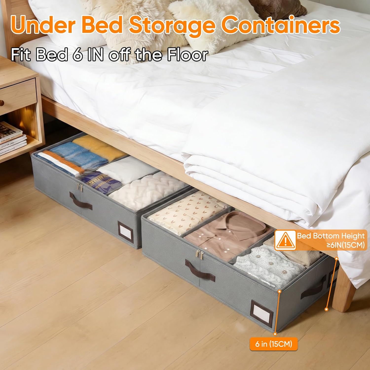 2 Pack 53L Under Bed Storage with Adjustable Dividers, 6" Low Profile Underbed Storage Bins for Comforters & Clothes