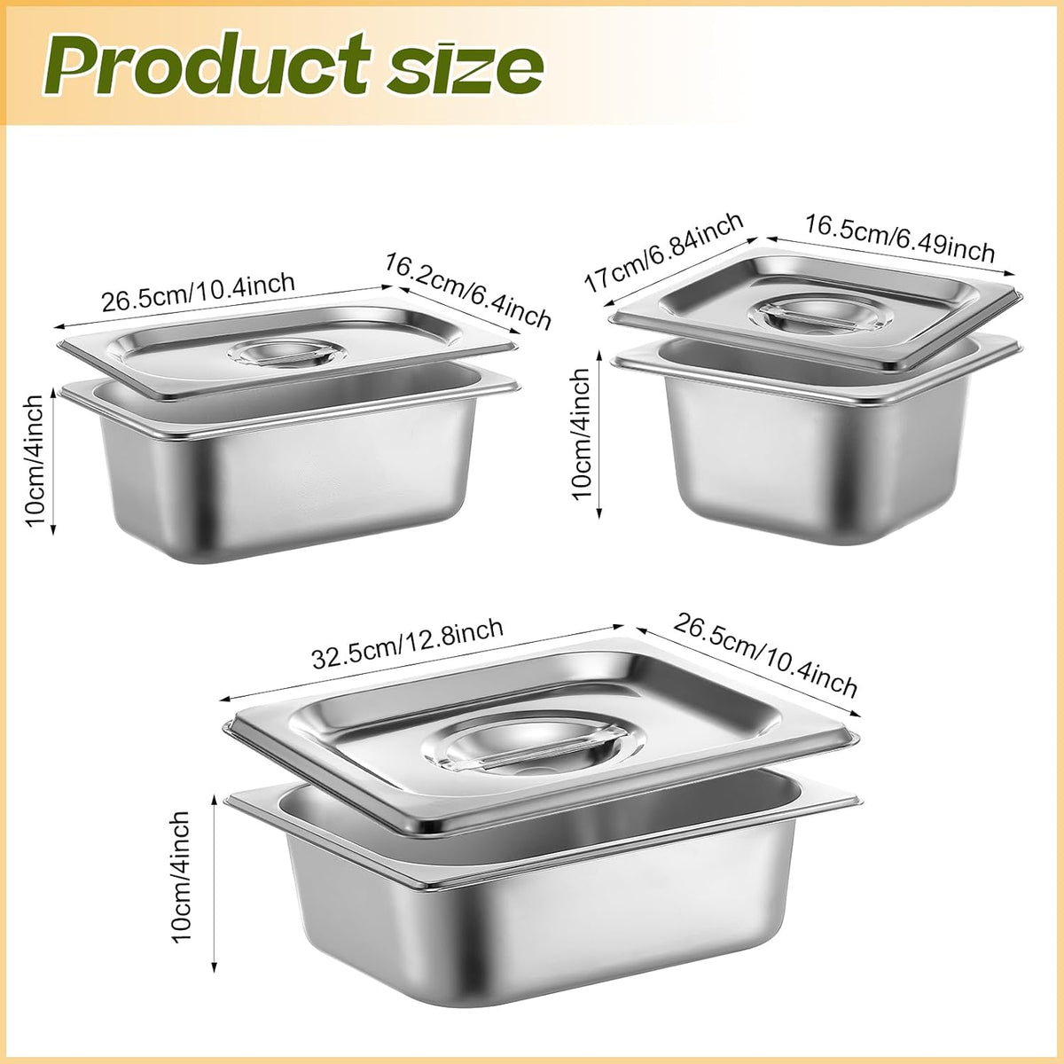 12 Set Stainless Steel Hotel Pan 1/2 1/4 1/6 Size 4 Inch Deep with Lids, Stainless Steel Steam Table Pan Commercial