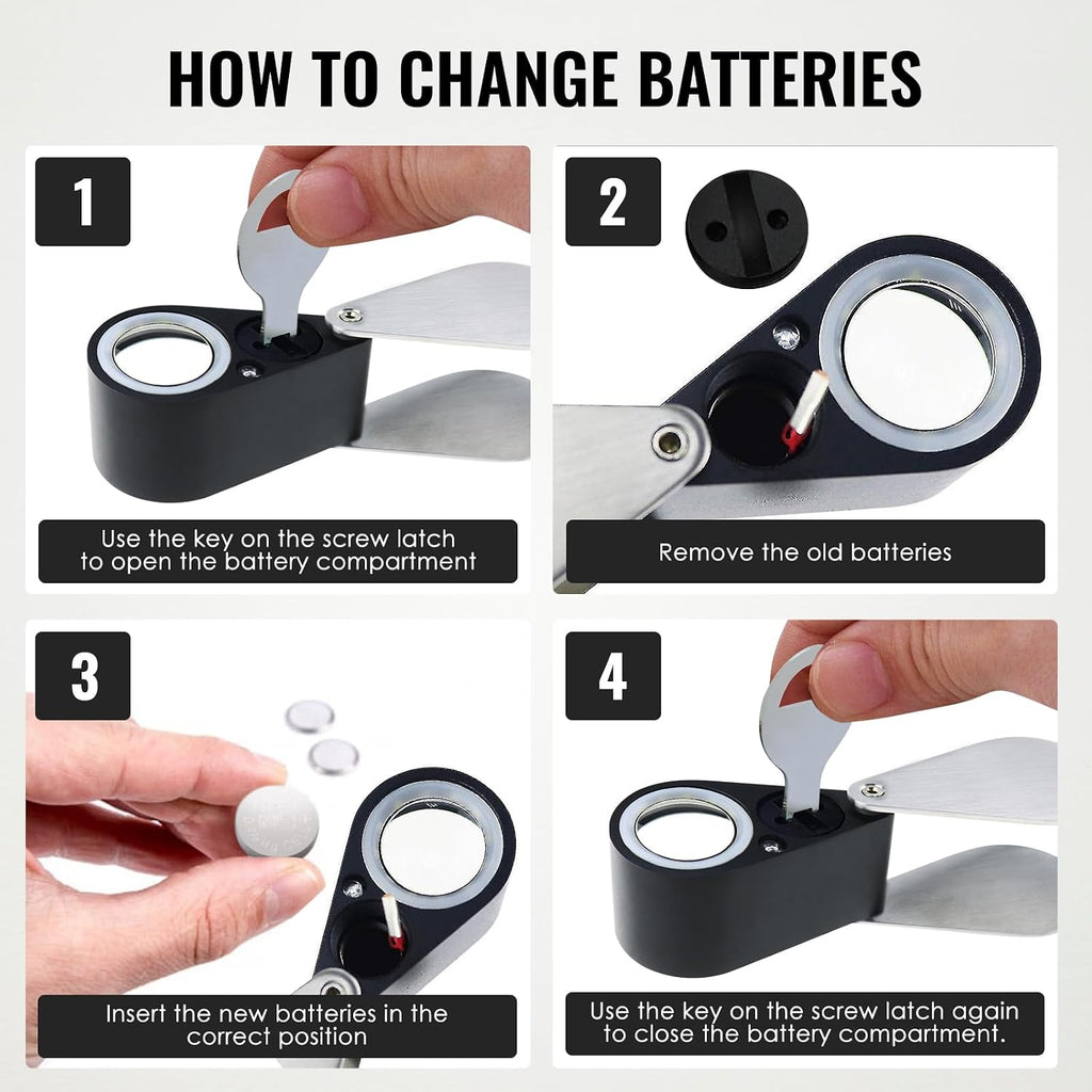 10x Foldable Pocket Magnifier Loupe with UV and LED Light for Jewelry, Rocks, Coins, and Antiques - Illuminated