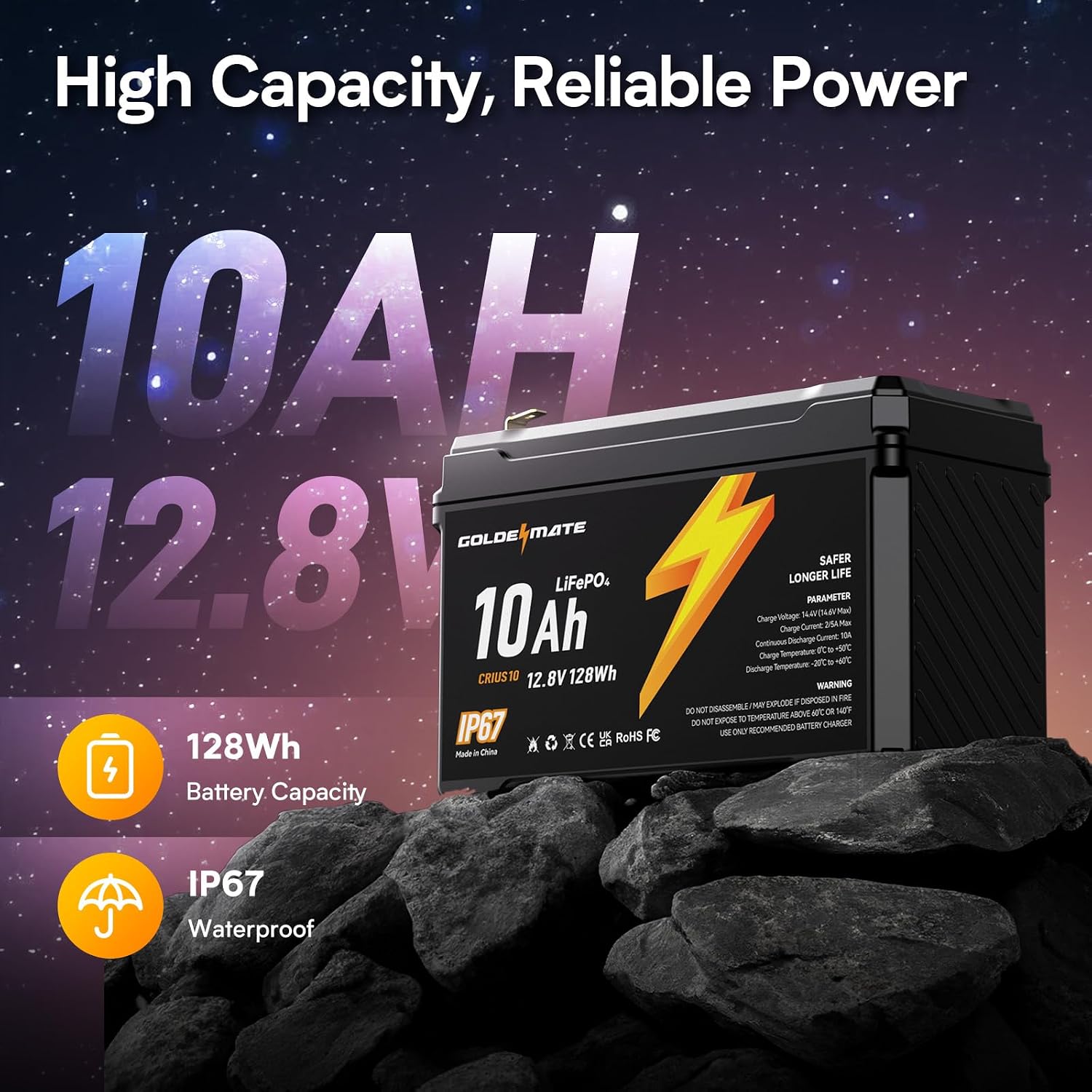 12V 10Ah Lithium LiFePO4 Battery(2 Packs), IP67 Waterproof | 5000+Deep Cycles, Lithium Iron Phosphate Battery