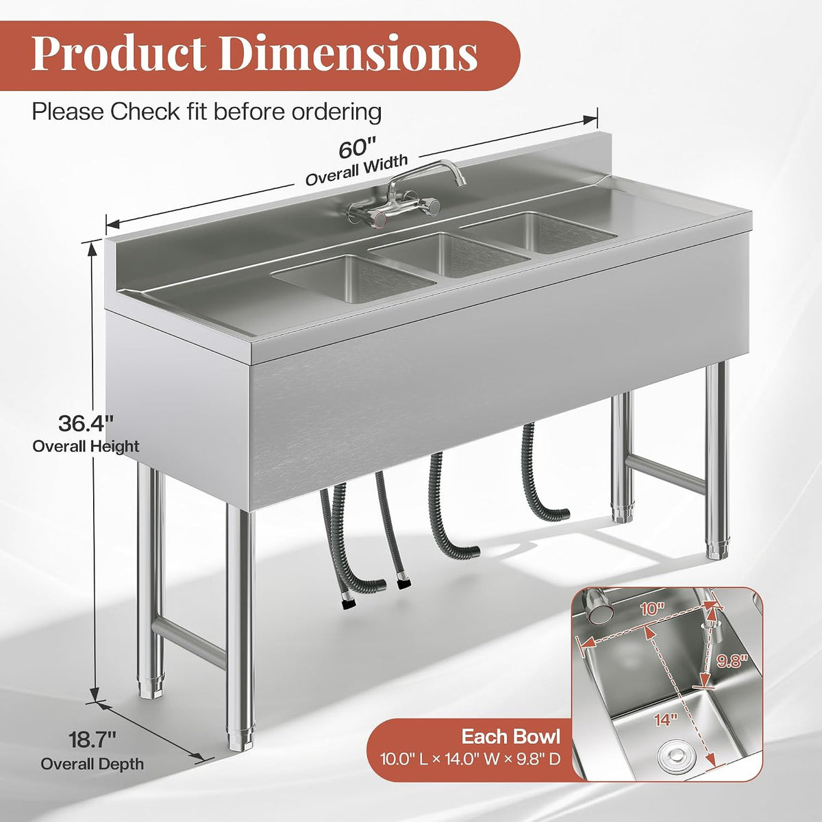 60" 3 Compartment Commercial Sink with Double Drainboards