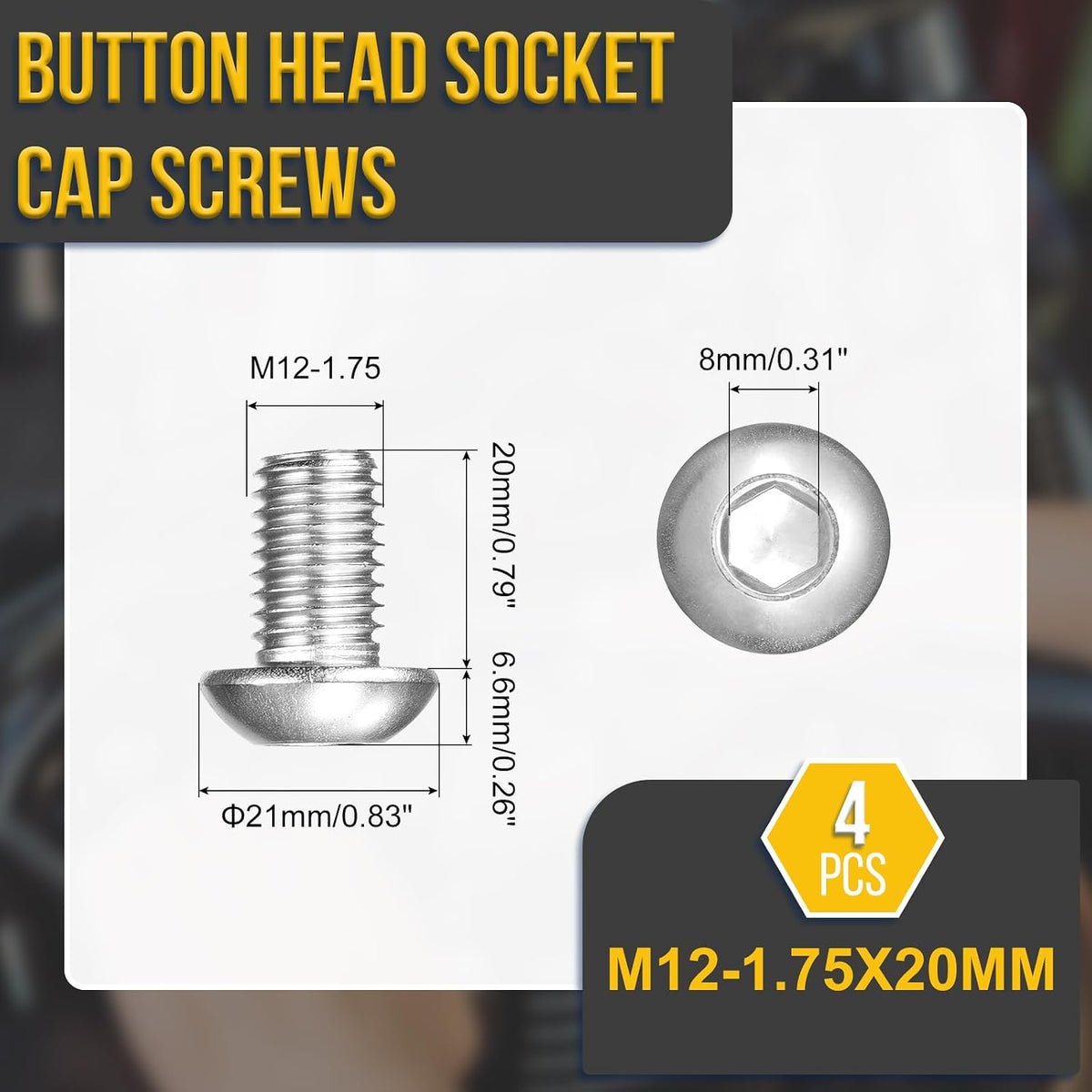DTGN M12-1.75x20mm Button Head Socket Cap Screw 4Pack 304 SS Whitewashed