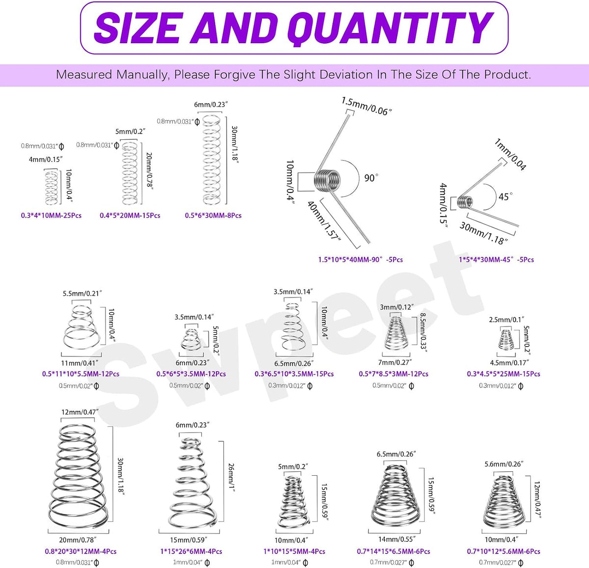 148Pcs 3 Styles Stainless Steel Compression Springs Assortment Kit, 0.3/0,5/0.7/0.8/1 mm Conical Spring Compressed