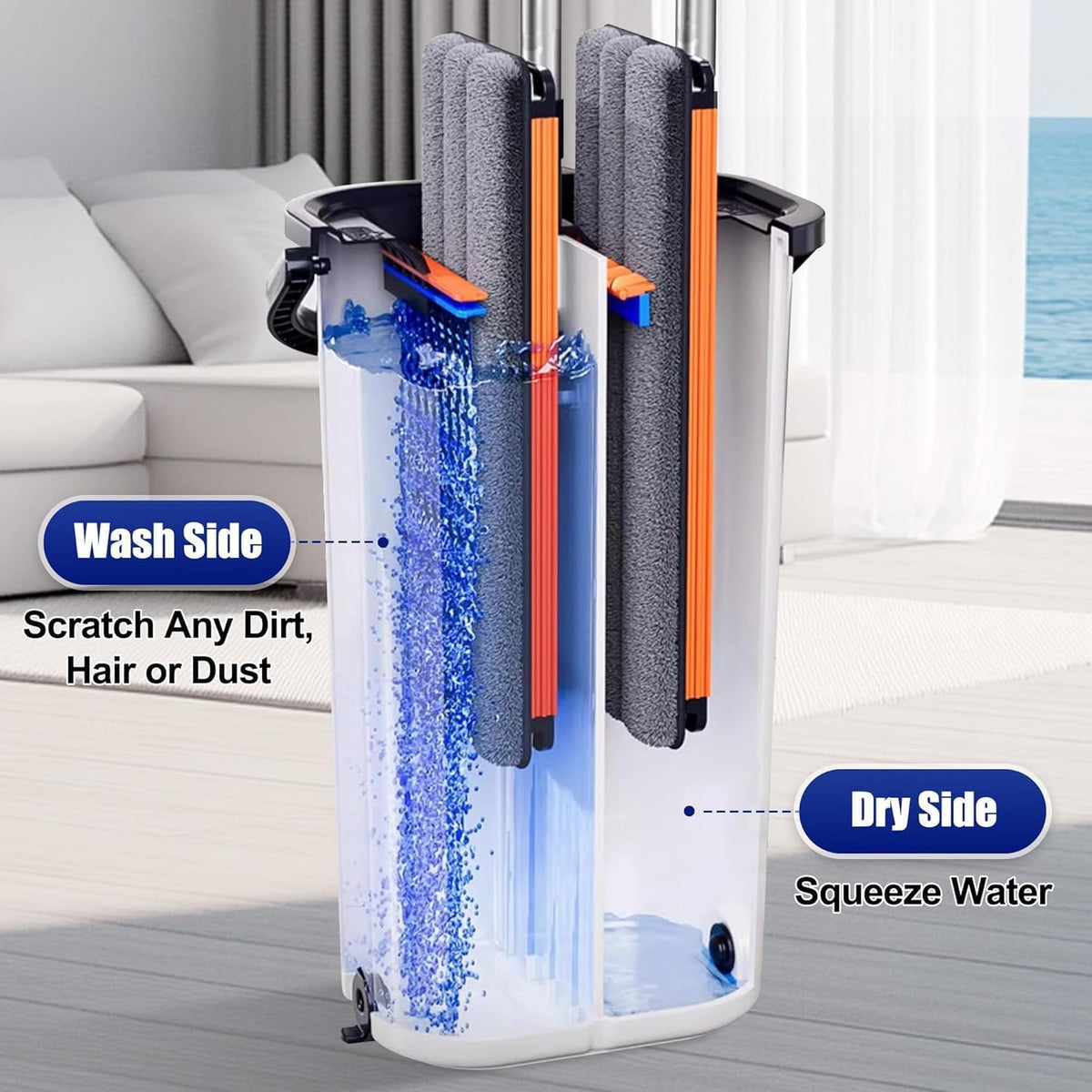 16" Flat Mop and Bucket Set with Wringer, Hands-Free