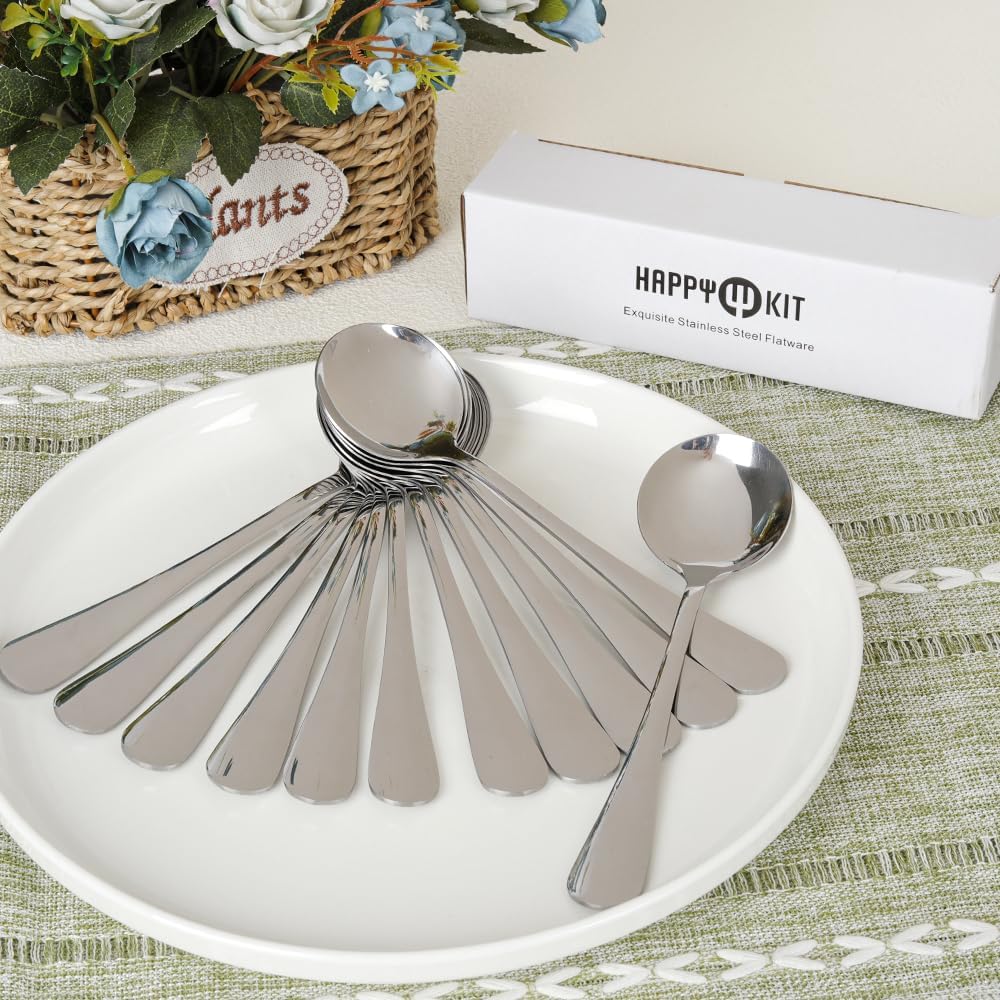 Soup Spoons, 12pcs Stainless Steel Spoons Heavy-Weight Round Spoon Flatware