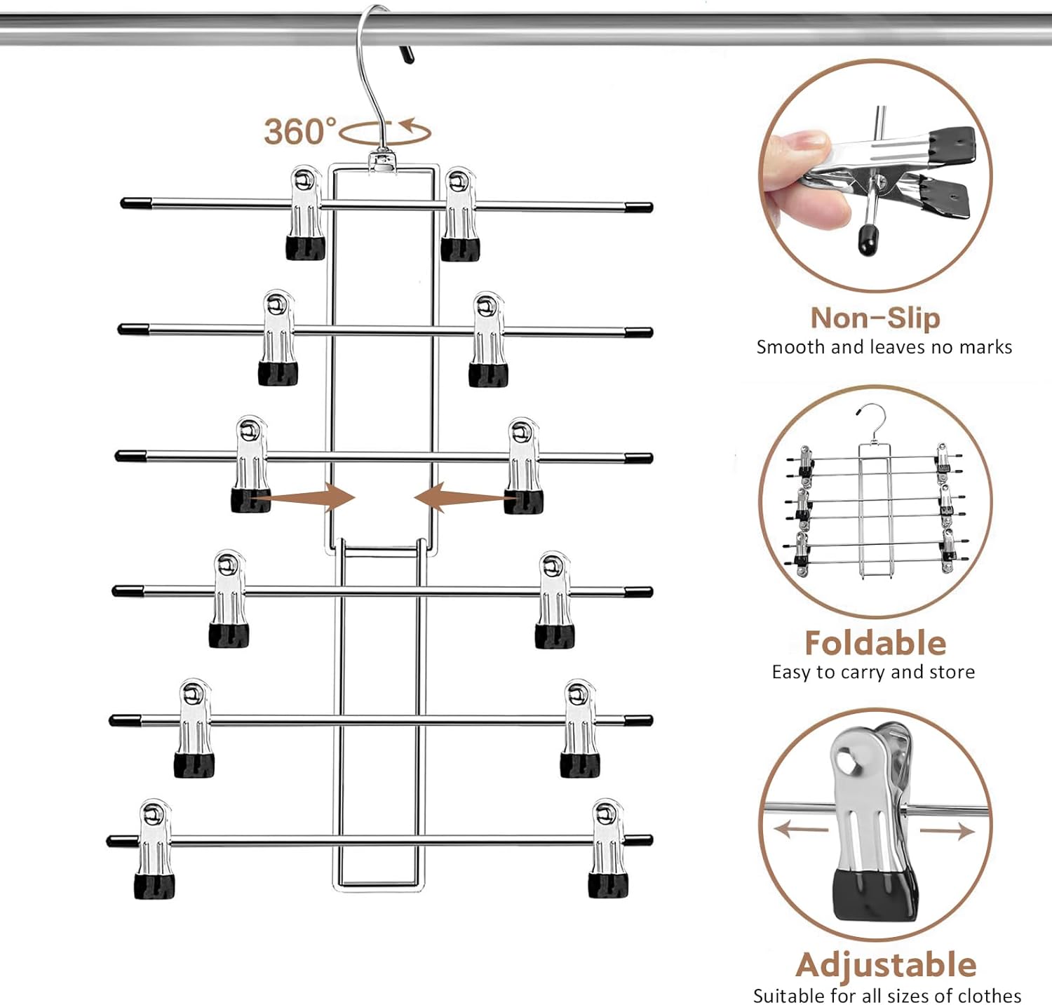 Pants Hangers with Clips,Space Saving Hanging Closet Organizer-6 Tiers Skirt Hangers with 360° Swivel Hook,Closet