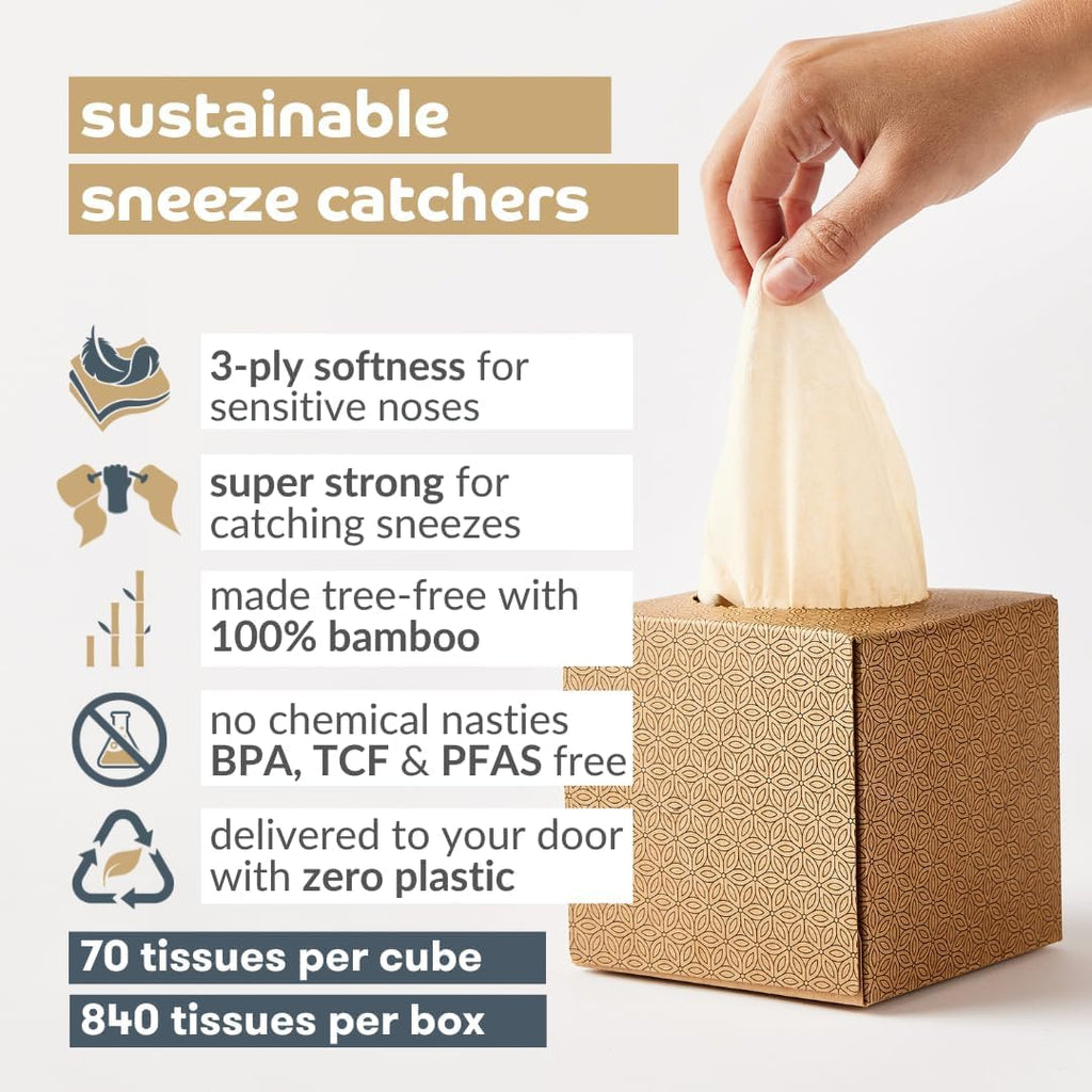 100% Bamboo Facial Tissues 12 Pack | 12x70 of unwhitened 3 ply tissues | Unbleached, Natural, Multipurpose