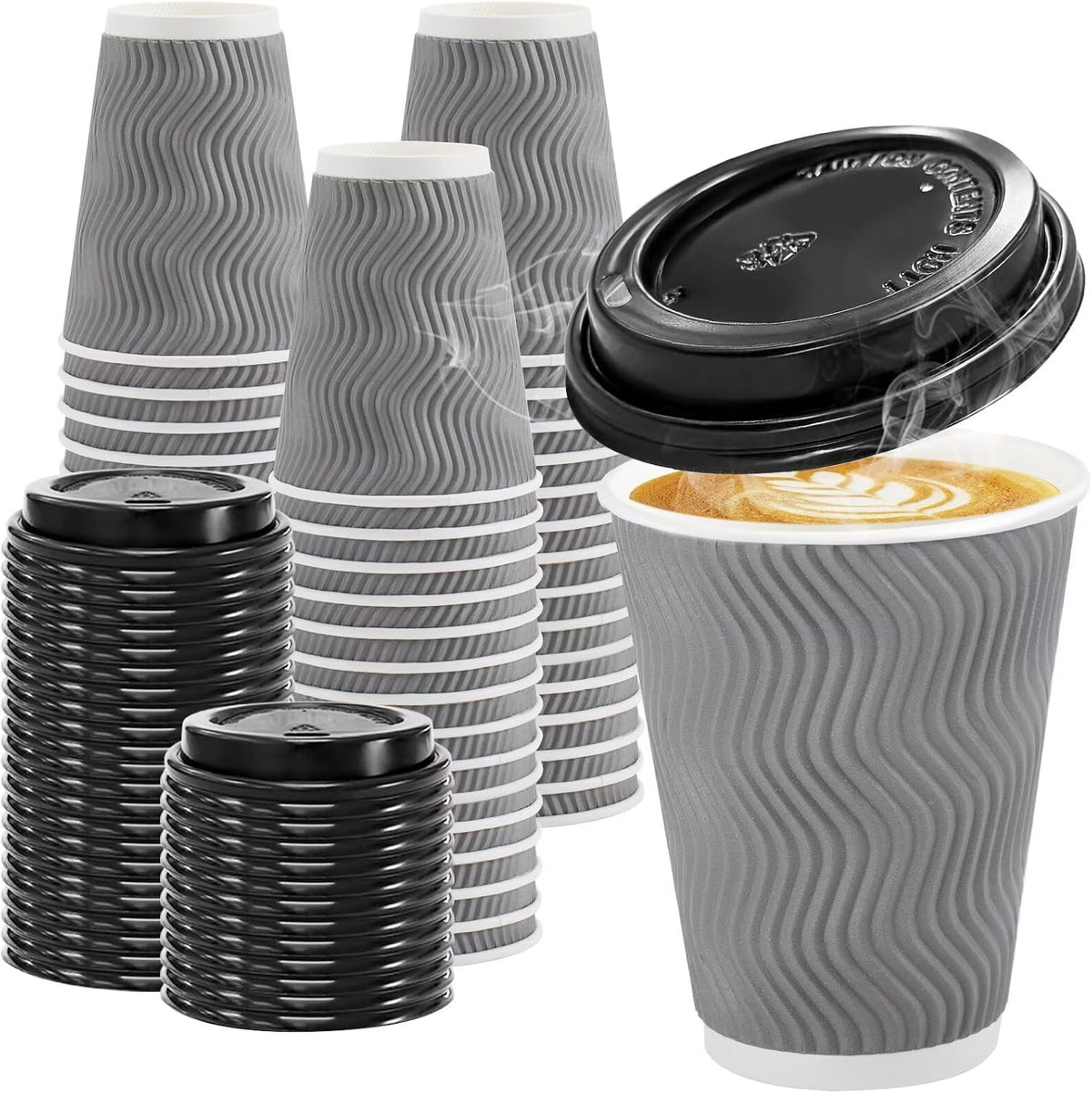 100 Pack 12 oz Coffee Cups with Lids Disposable Paper Cups Gray