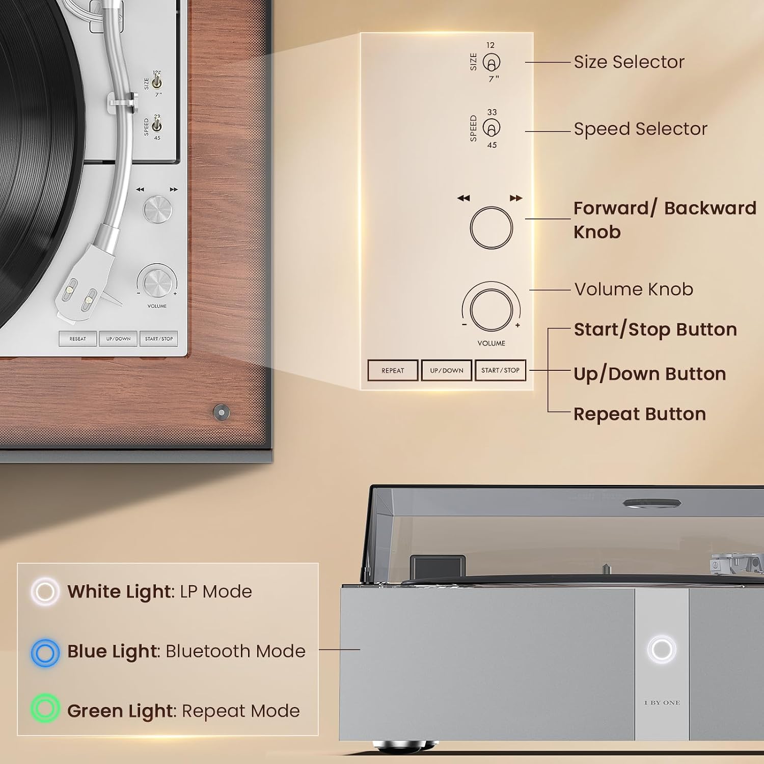 1 BY ONE Fully Automatic Record Player, All-in-One Vinyl Turntable | Automatic Repeat Function, Remote Control, Built