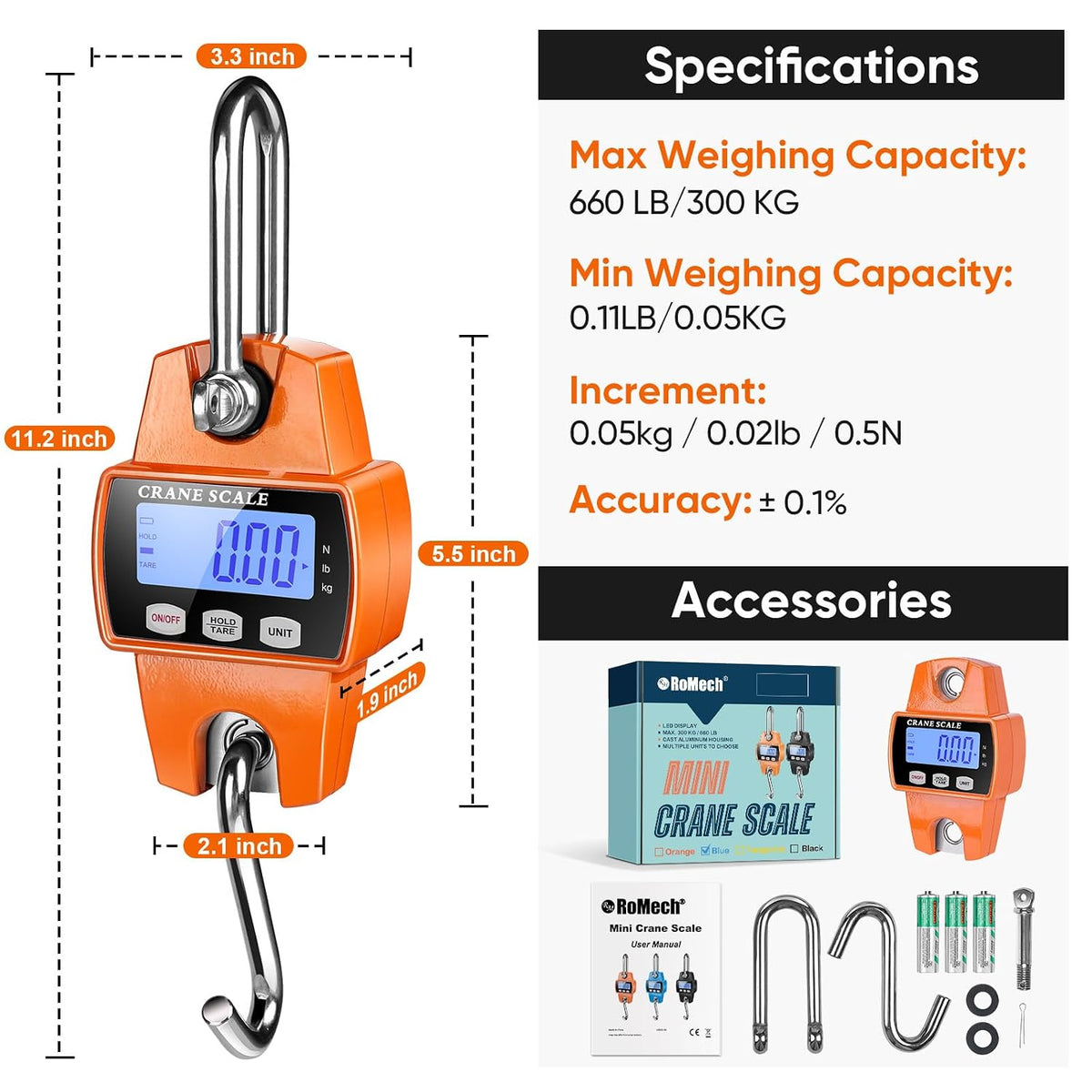 660lb Digital Hanging Scale, Aluminum Crane Scale with Hooks