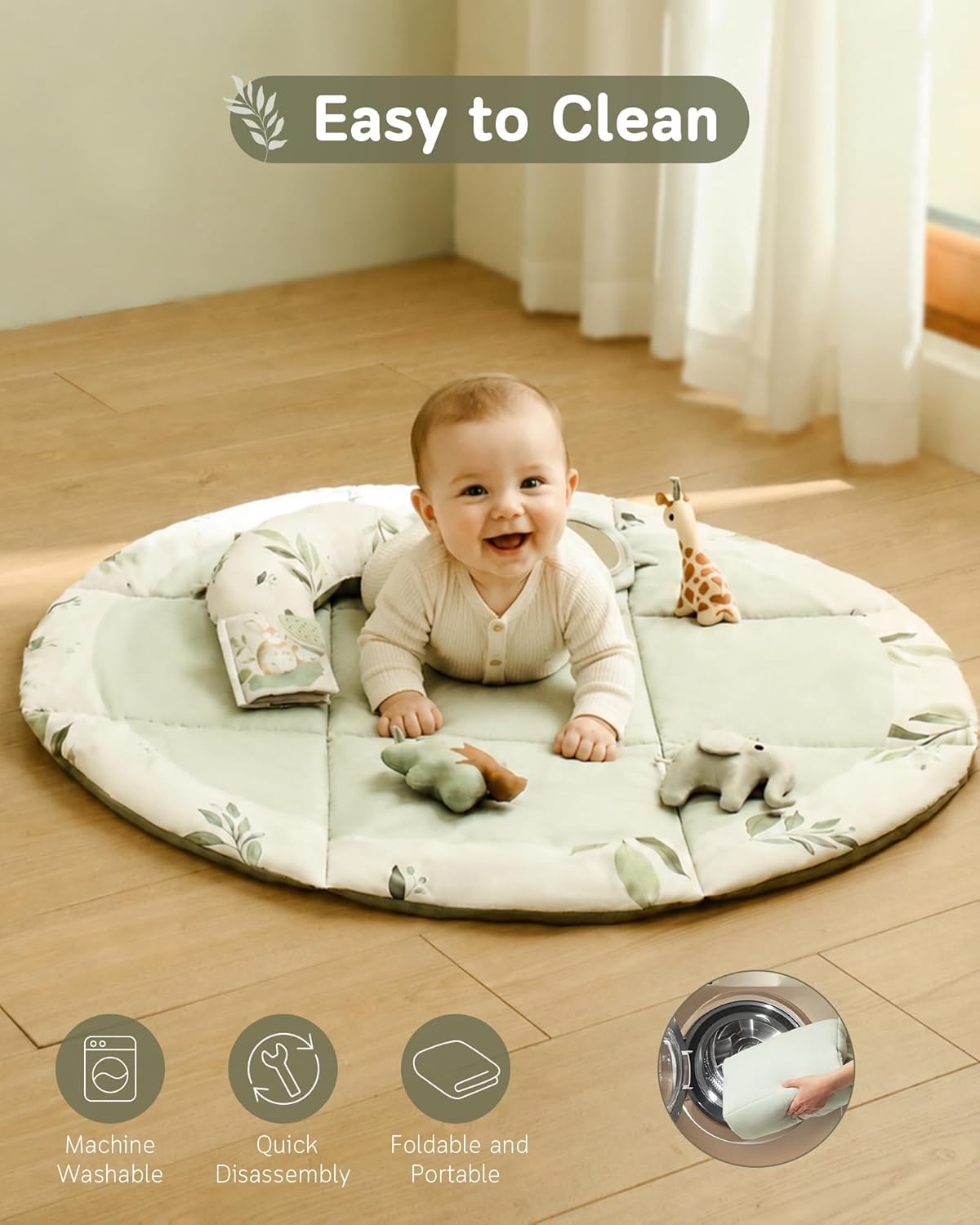 Baby Play Gym & Activity Mat, Machine Washable & Foldable Tummy Time Mat with 5 Detachable Toys, Certified Safe