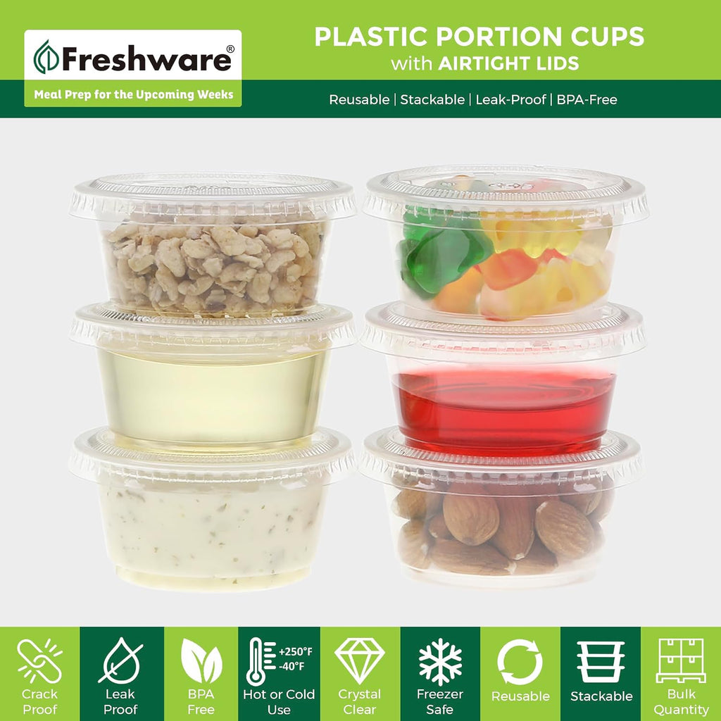 Plastic Portion Cups with Lids [2 Ounce, 200 Sets] Disposable Plastic Cups for Meal Prep, Salad Dressing, Jellos Shot