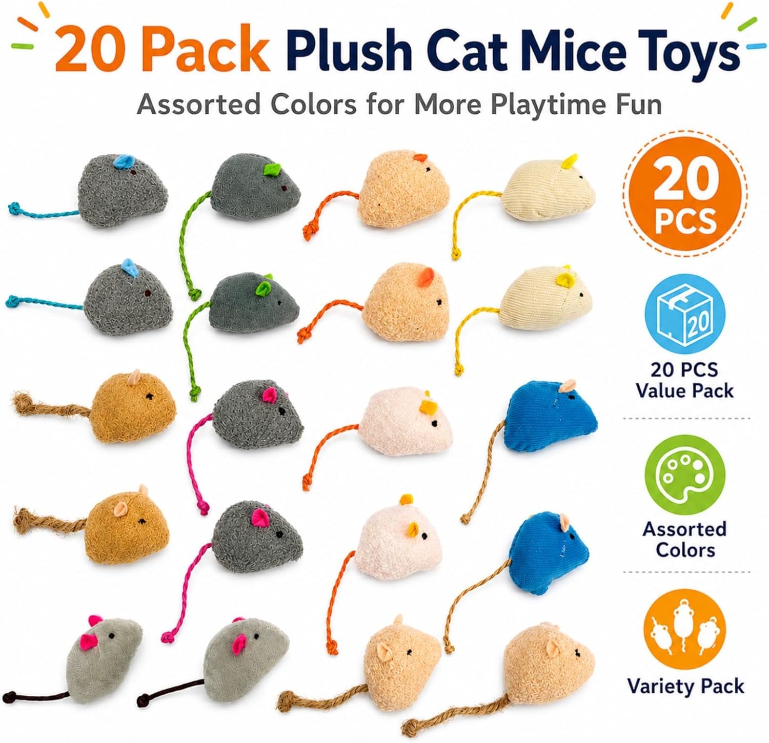20-Pack Catnip Mouse Toys - Assorted Colors, Plush Mice with Catnip, Interactive Cat Toys for Indoor Kittens &