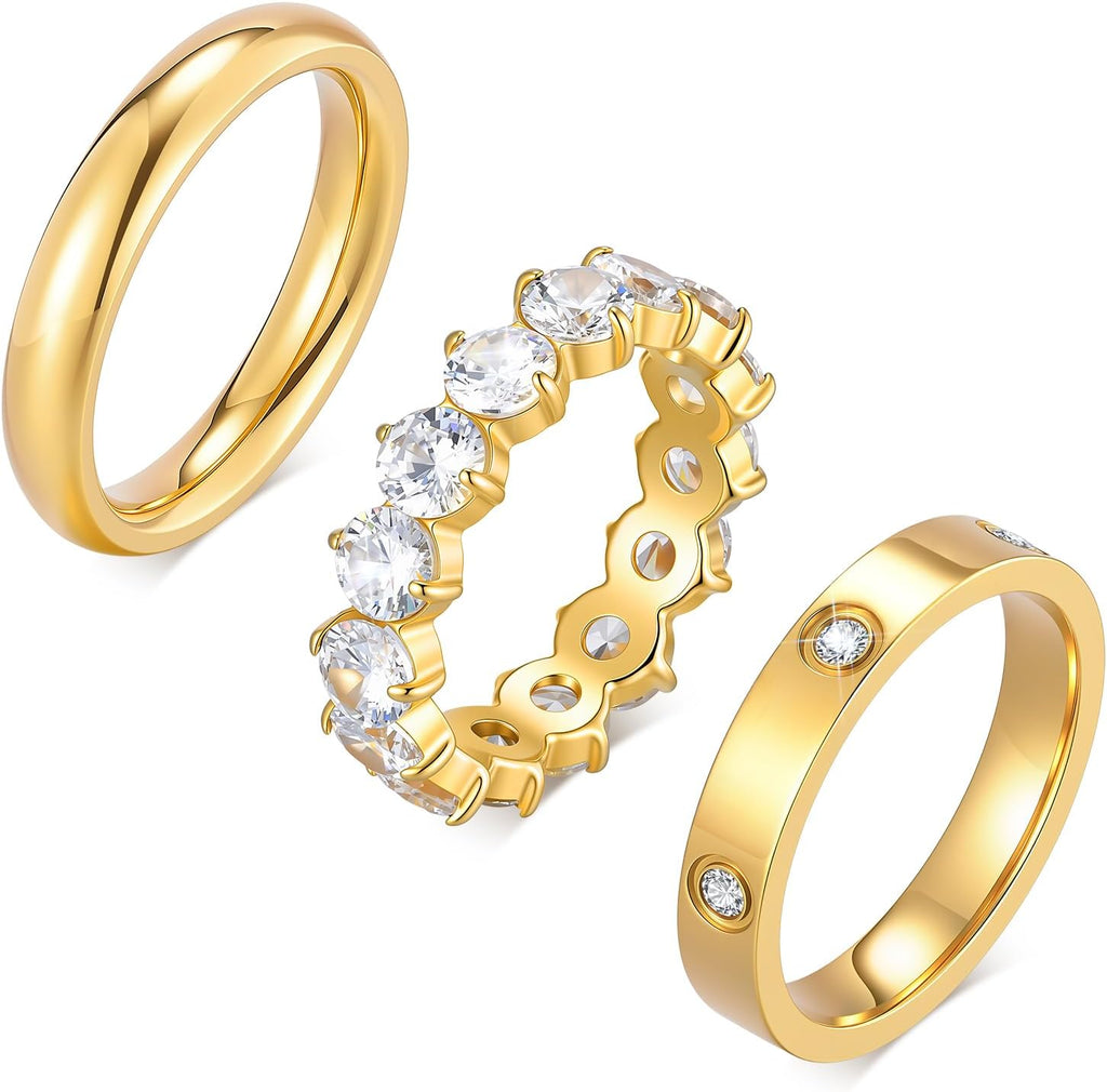 Stackable Gold Rings for Women - 3Pcs 18K Gold Plated Ring, Stainless Steel Cubic Zirconia Bands, Waterproof