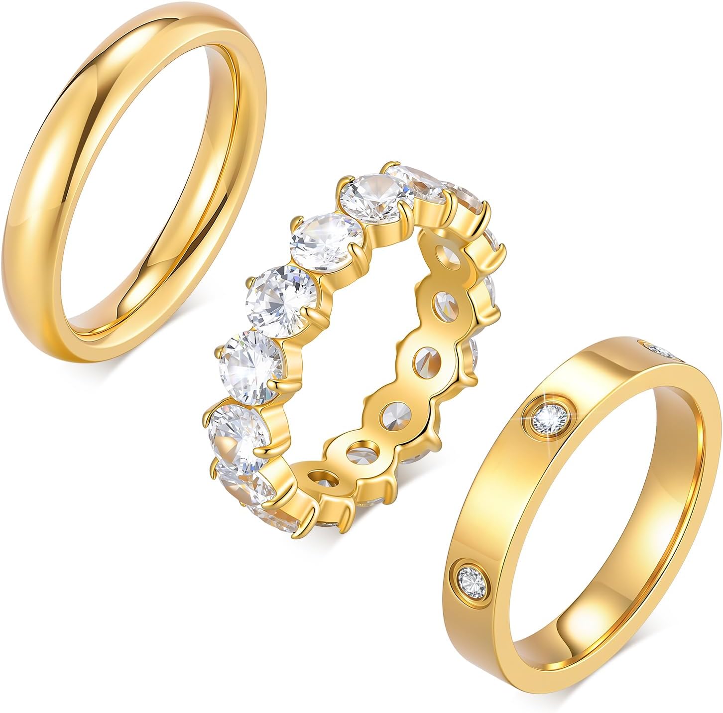 Stackable Gold Rings for Women - 3Pcs 18K Gold Plated Ring, Stainless Steel Cubic Zirconia Bands, Waterproof