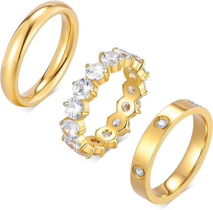 Stackable Gold Rings for Women - 3Pcs 18K Gold Plated Ring, Stainless Steel Cubic Zirconia Bands, Waterproof