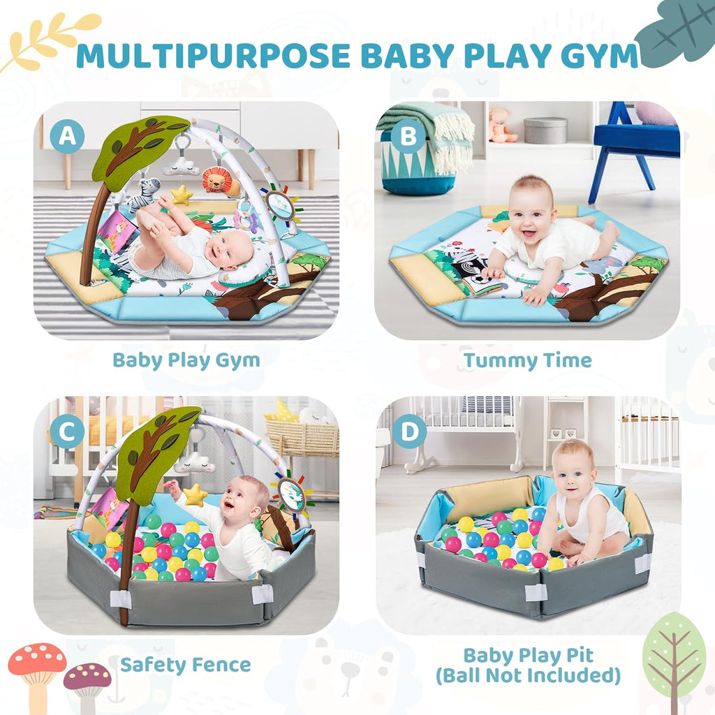 Baby Gym Play Mat, 8-in-1 Tummy Time Mat & Ball Pit with 6 Toys, Washable Baby Activity Play Mat for Visual, Hearing