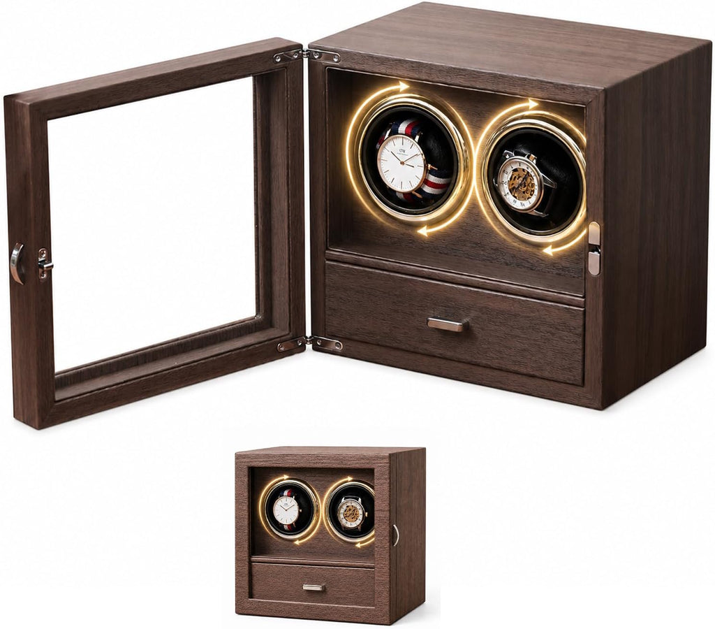 Automatic Watch Winder for Men and Women, Dual Watch Winder with Quiet Motor, Wood Grain Case with Glass Door, Ideal