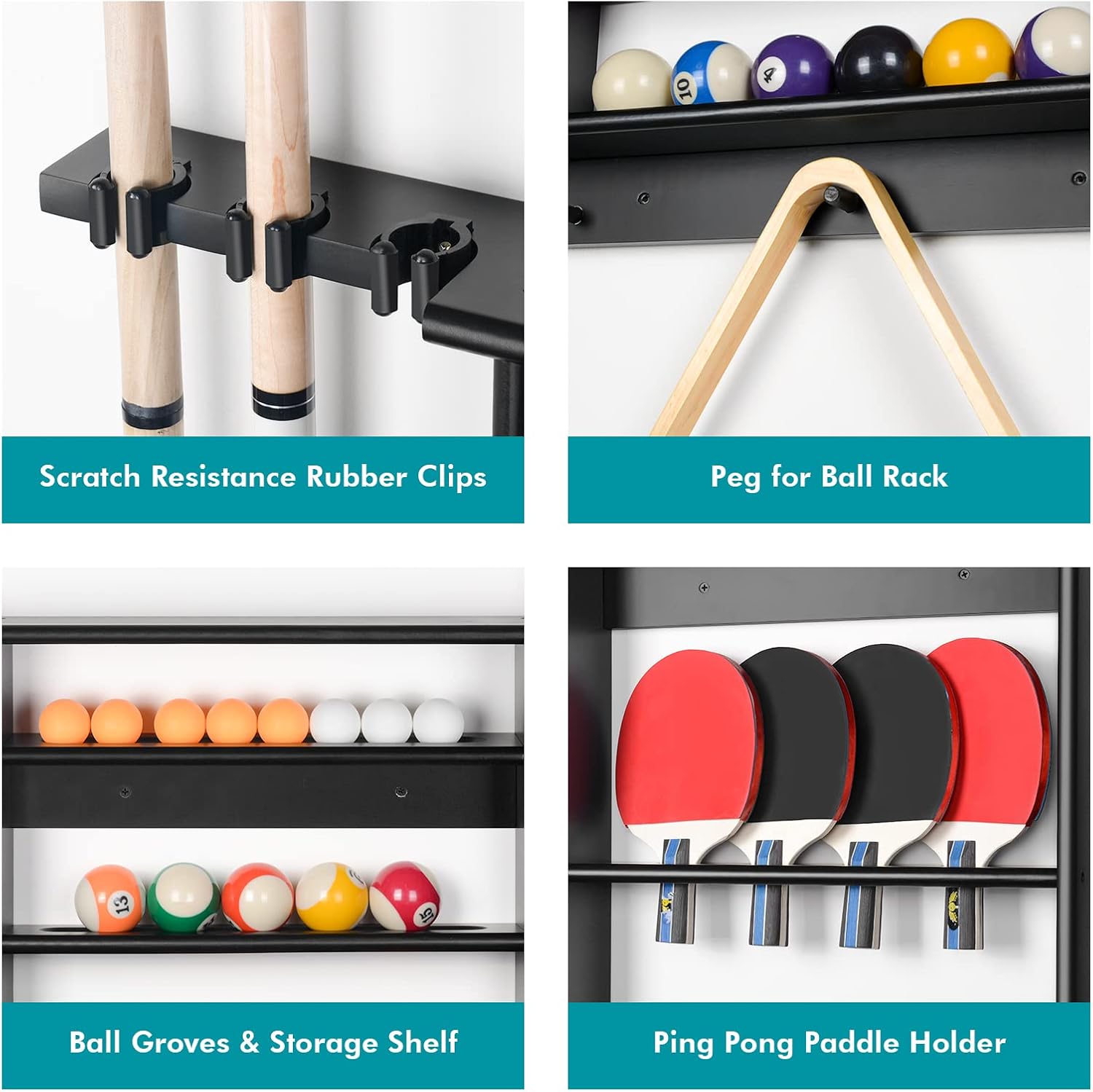 Pool Cue Rack Wall Mount, Billiard & Ping Pong Paddle Storage Organizer | 2-in-1 Game Room Organizer Holds 6 Pool