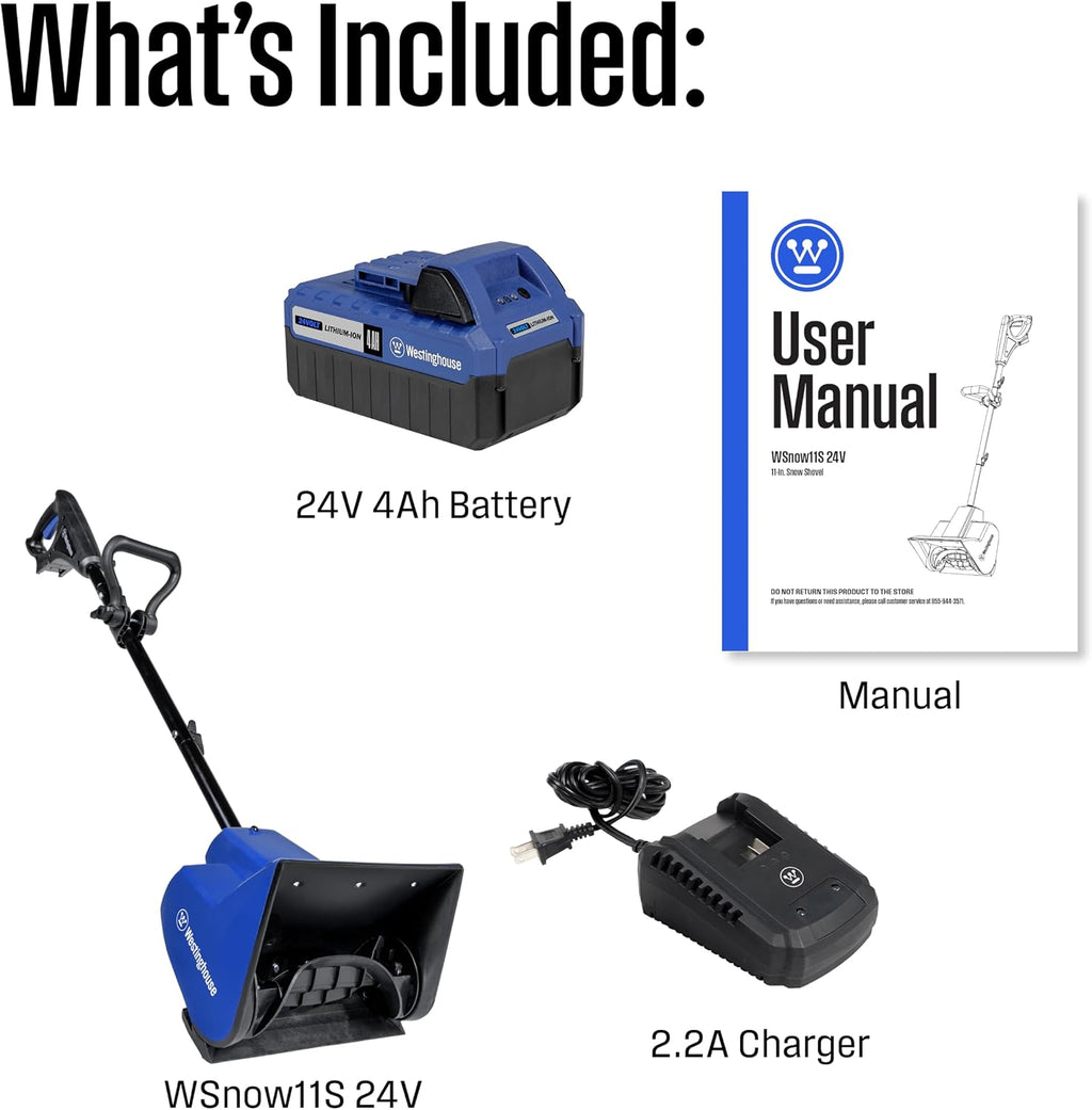 WSnow11S 24V Cordless Snow Shovel 11 Inch Kit, 24V 4Ah Battery, Fast Charger, Electric Snow Shovel with 20ft Throwing