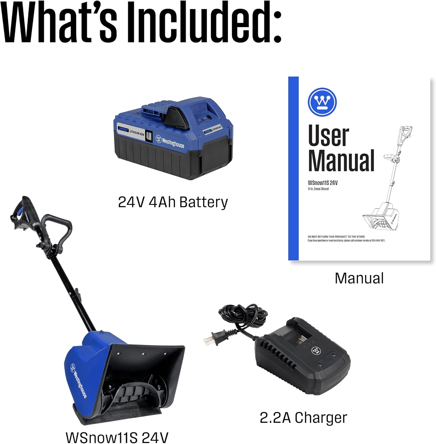 WSnow11S 24V Cordless Snow Shovel 11 Inch Kit, 24V 4Ah Battery, Fast Charger, Electric Snow Shovel with 20ft Throwing