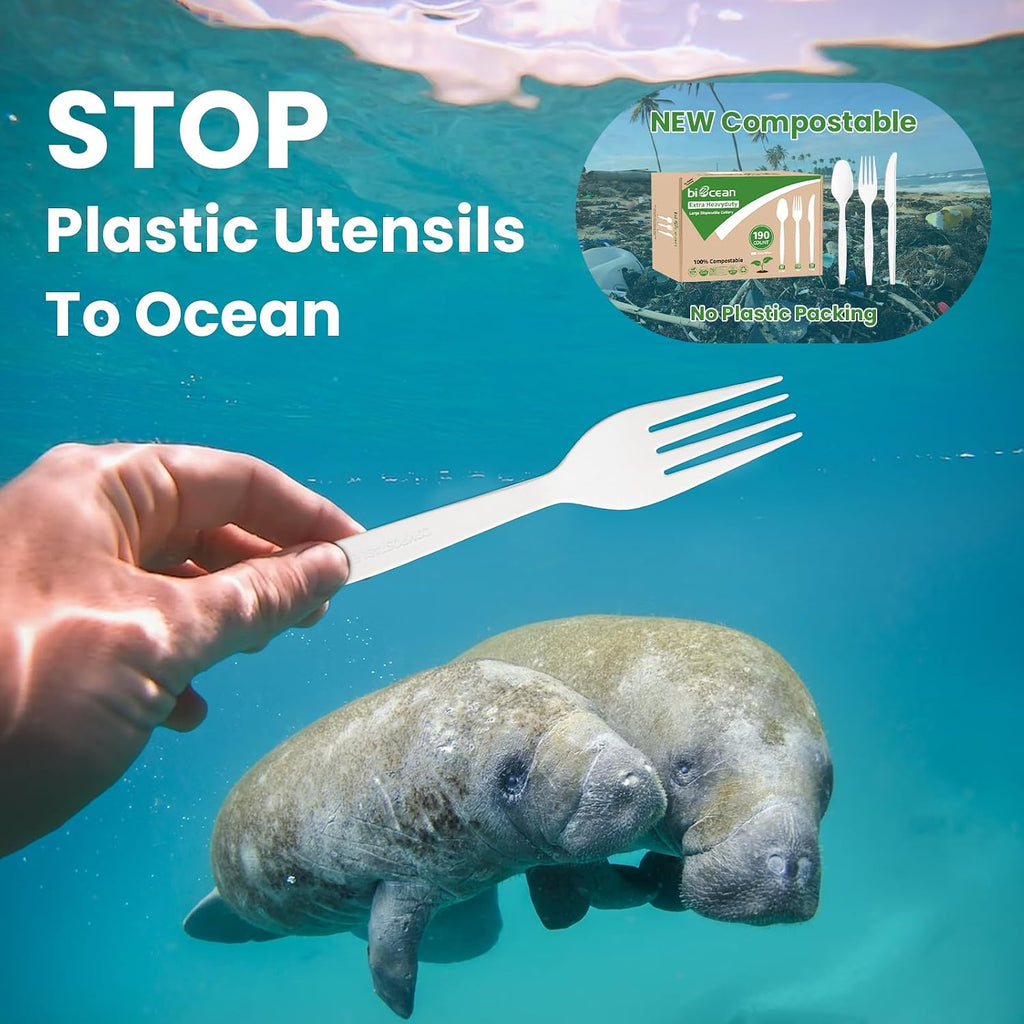 Extra Heavyduty Compostable Cutlery Set - 190 Count Large Disposable Utensils No Plastic Forks Spoons Knives