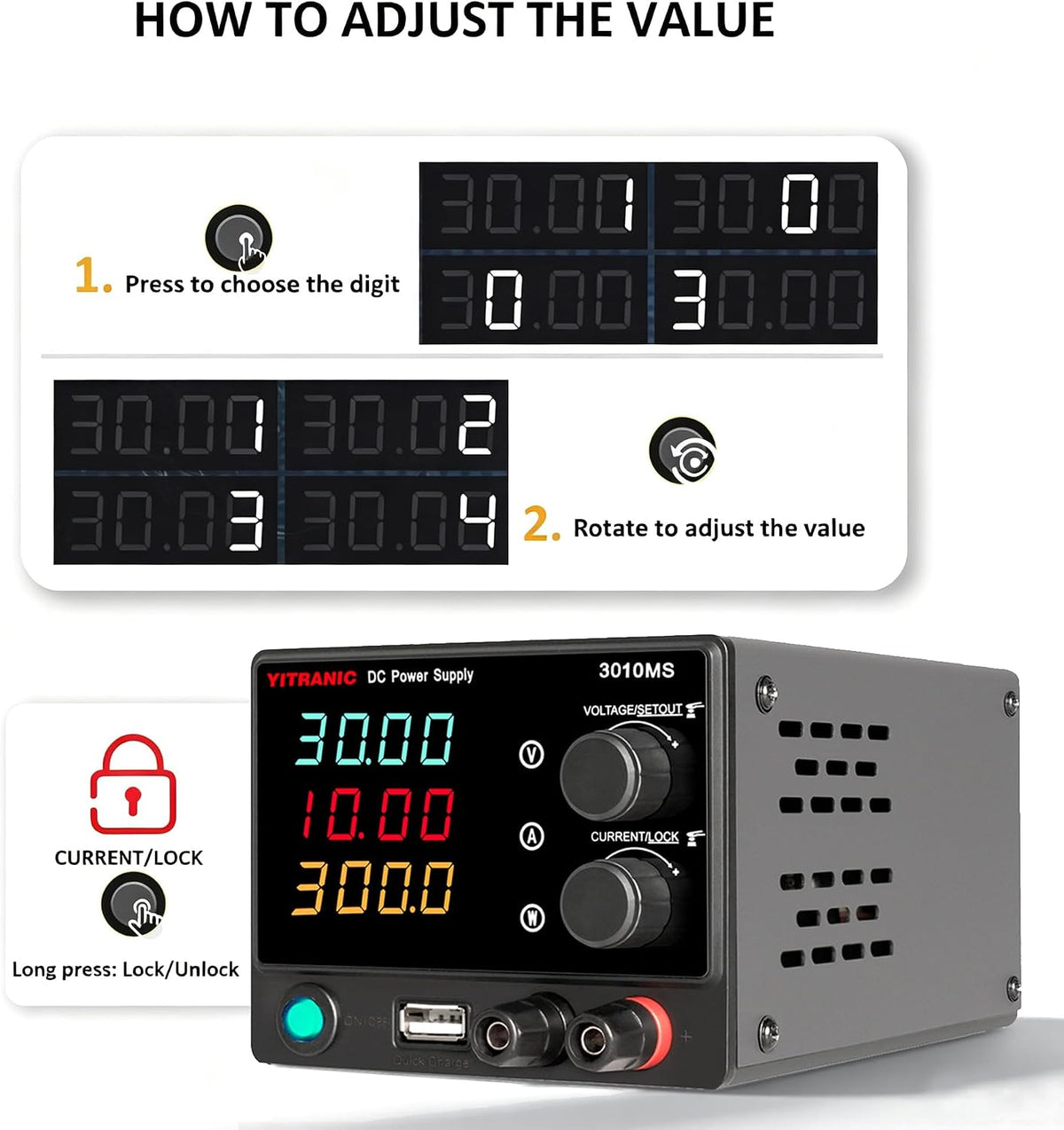 DC Bench Power Supply Variable 0-32V 0-10.1A Lab Source with 4-Digit LED