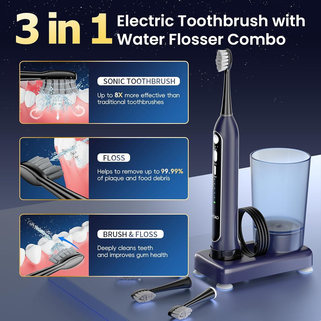 Electric Toothbrush with Water Flosser, Upgraded 2.0 Flossing Toothbrush with 5 Speeds & 3 Modes, 30 Days/Charge, for