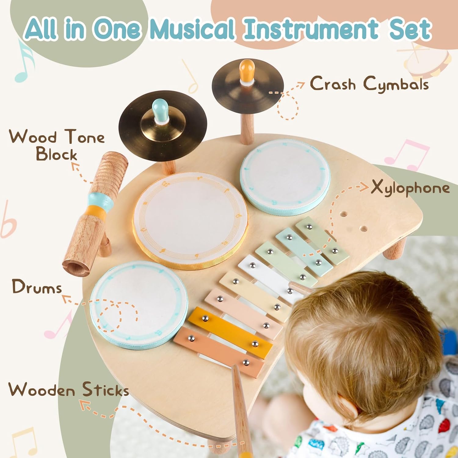 Kids Drum Set, Montessori Toys Wooden Musical Instruments for Baby Toddlers | Drum Kit with Cymbals & Xylophone
