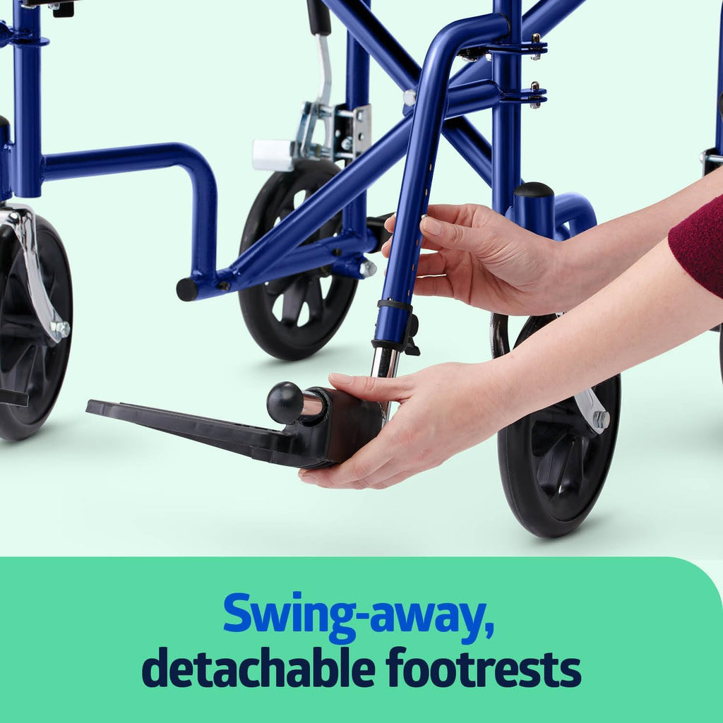Lightweight Foldable Transport Wheelchair with Handbrakes and 12-Inch Wheels, Blue Frame, Black Upholstery