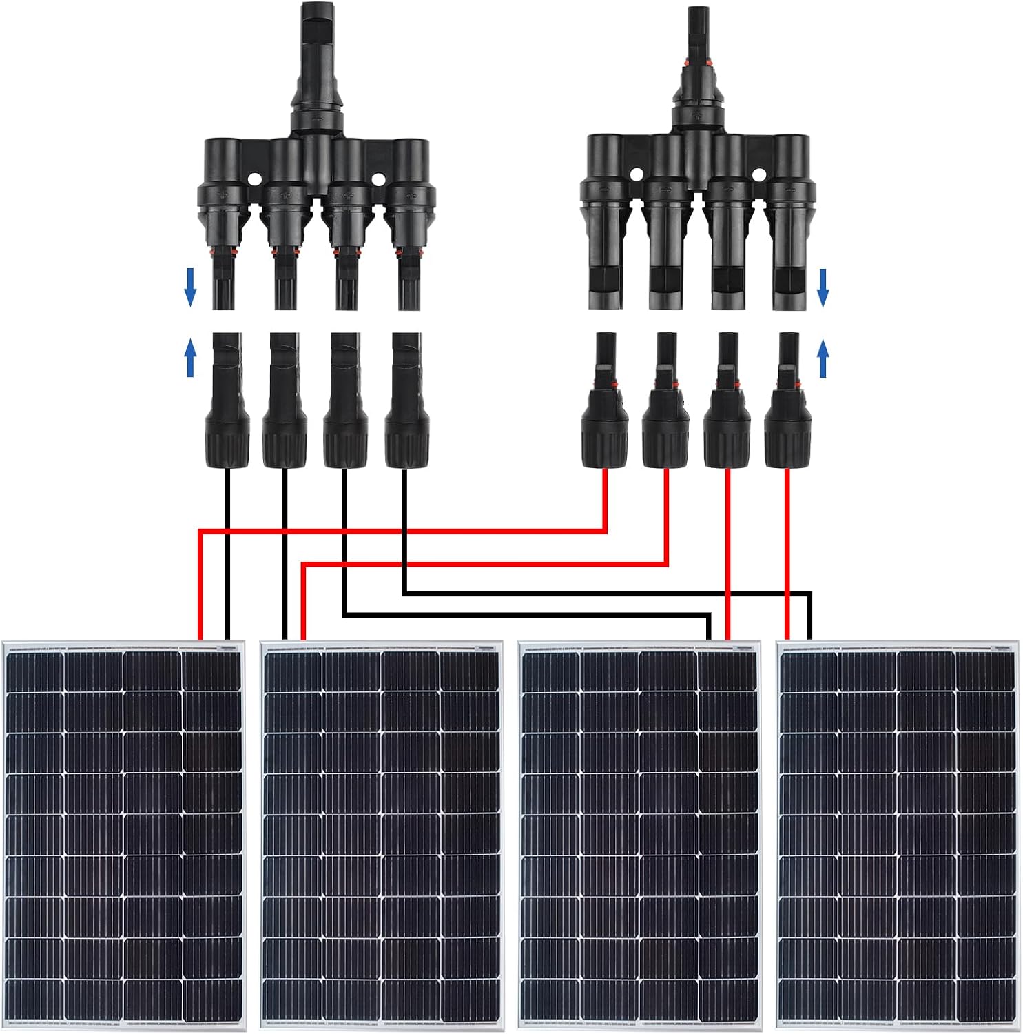 Solar Panel T Branch Connector 1 Male to 4 Female and 1 Female to 4 Male MC4 Cable Wire Connector for Parallel