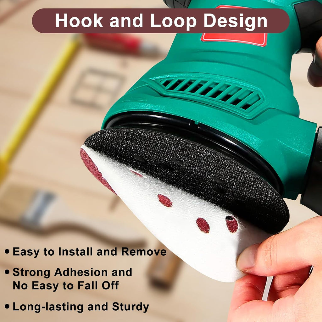 5 Inch 8 Hole Sanding Discs Hook and Loop, 50 PCS Orbital Sander Pads with Adhesive, Dustless Round Sand Paper Disc