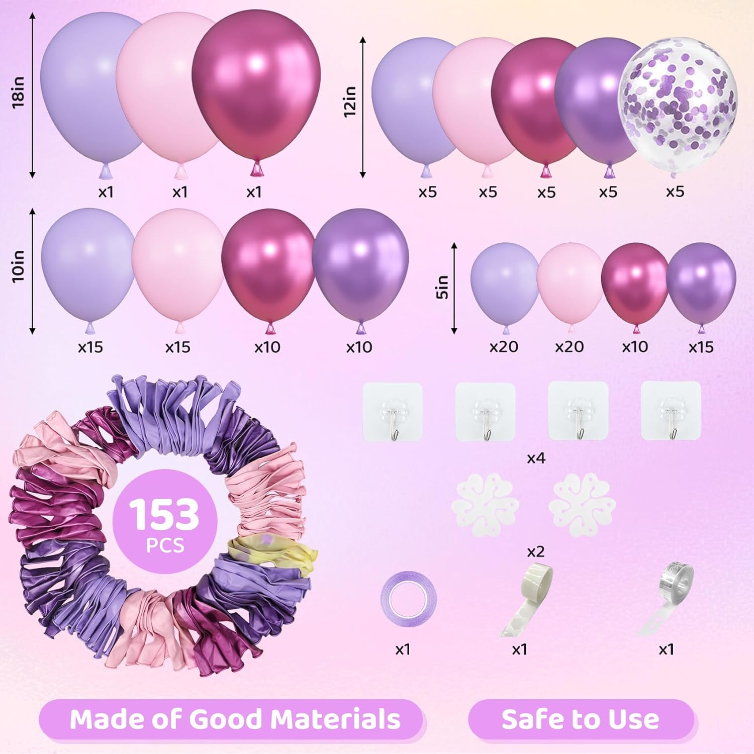 153pcs Pink Purple Balloon Garland Arch Kit, Different Sizes 18 12 10 5 inch Pink Purple Red Latex Metallic Confetti