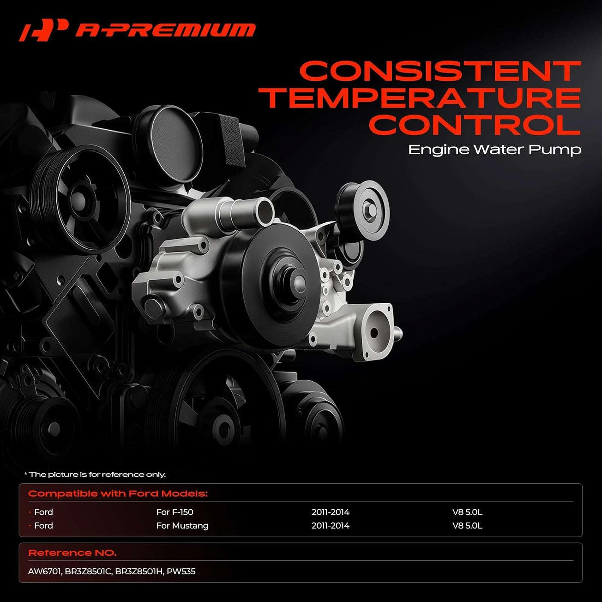A-Premium Aluminum Engine Water Pump W/Seals Compatible with Ford F-150 2014-2011, Mustang 2014-2011 - DOHC, 8Cyl 5.0L - (fits for 4 holes of Flange Disc), Replace# BR3Z8501C, BR3Z8501H