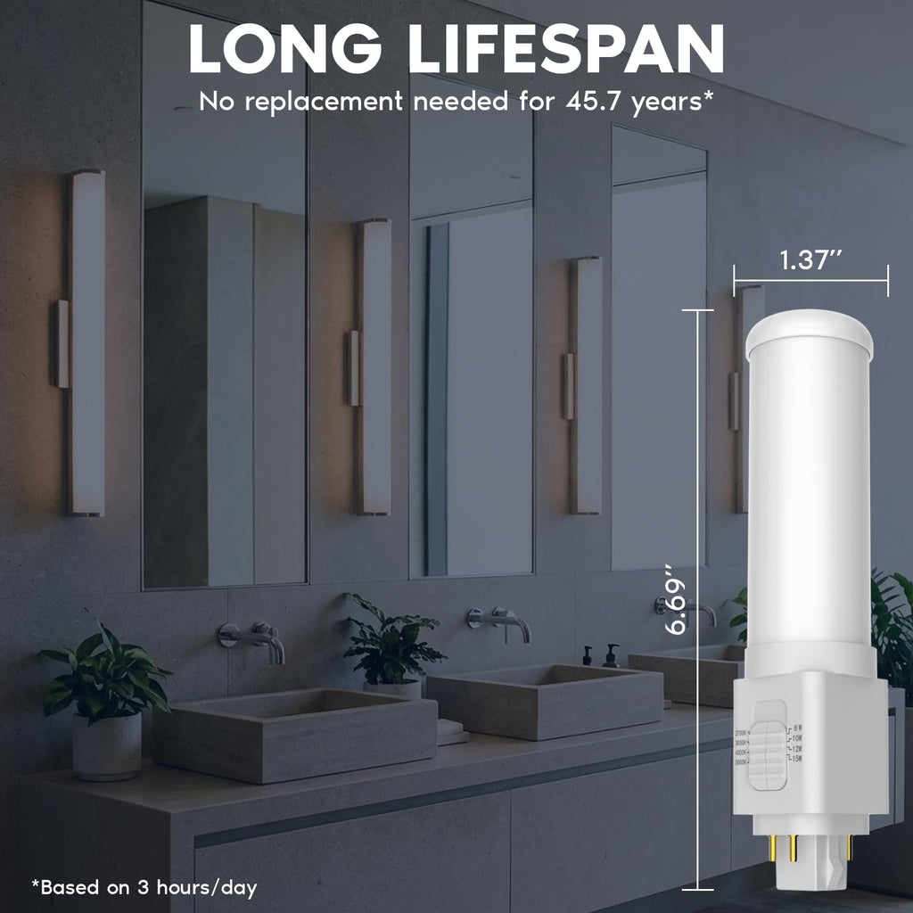 Universal Horizontal Quad Style G24Q 4-Pin LED Bulb, CFL Replacement, Type A+B, 4CCT 2700K/3000K/4000K/5000K