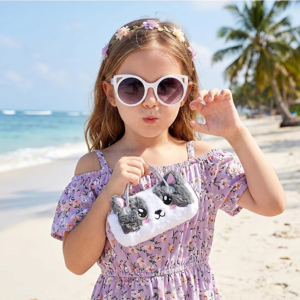 Kids Sunglasses with Girls Glasses Case, Plush Cat Eyeglass Case with Handle Girls Sunglasses UV Protection