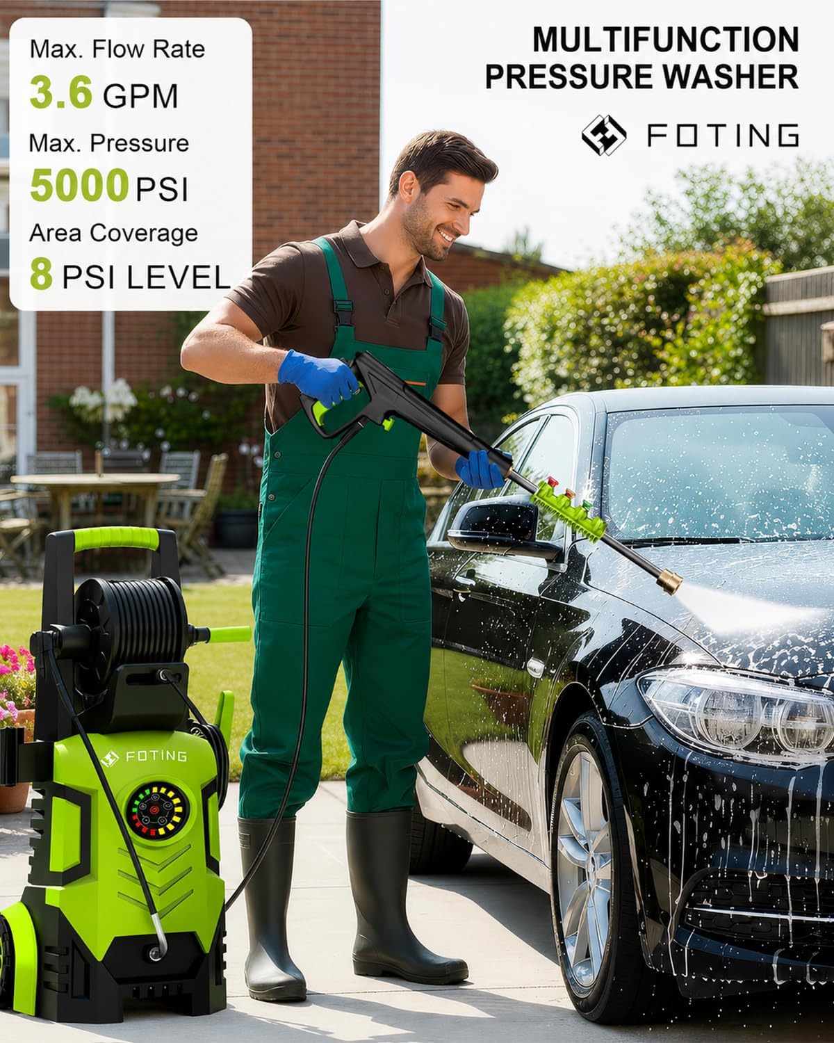 2026New Pressure Power Washer 5000PSI with Adjustable Touch Screen 8 Level, 34" Tall, 4 Quick Connect Nozzles,Inlet