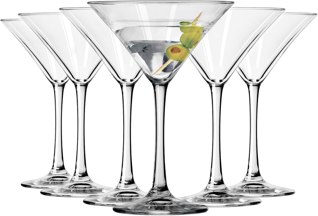 Entertaining Essentials Martini Glasses Set of 6, Tall, Slender, Triangular-Shaped Cocktail Glasses, Classic Martini