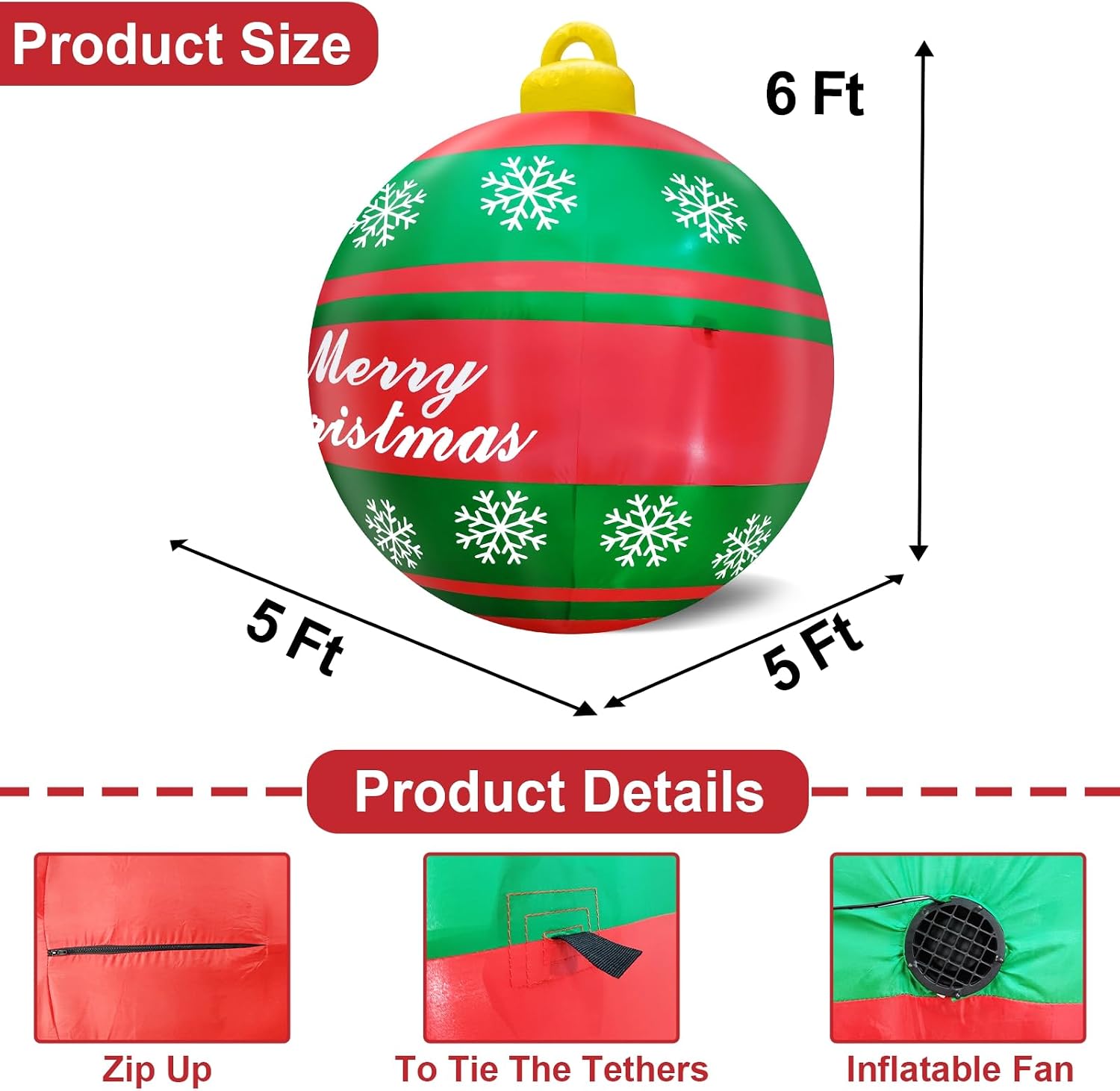 6 Ft Giant Christmas Inflatable Ball Christmas Decorations Outdoor with LED Lights Snowflake Merry Christmas Blow Up