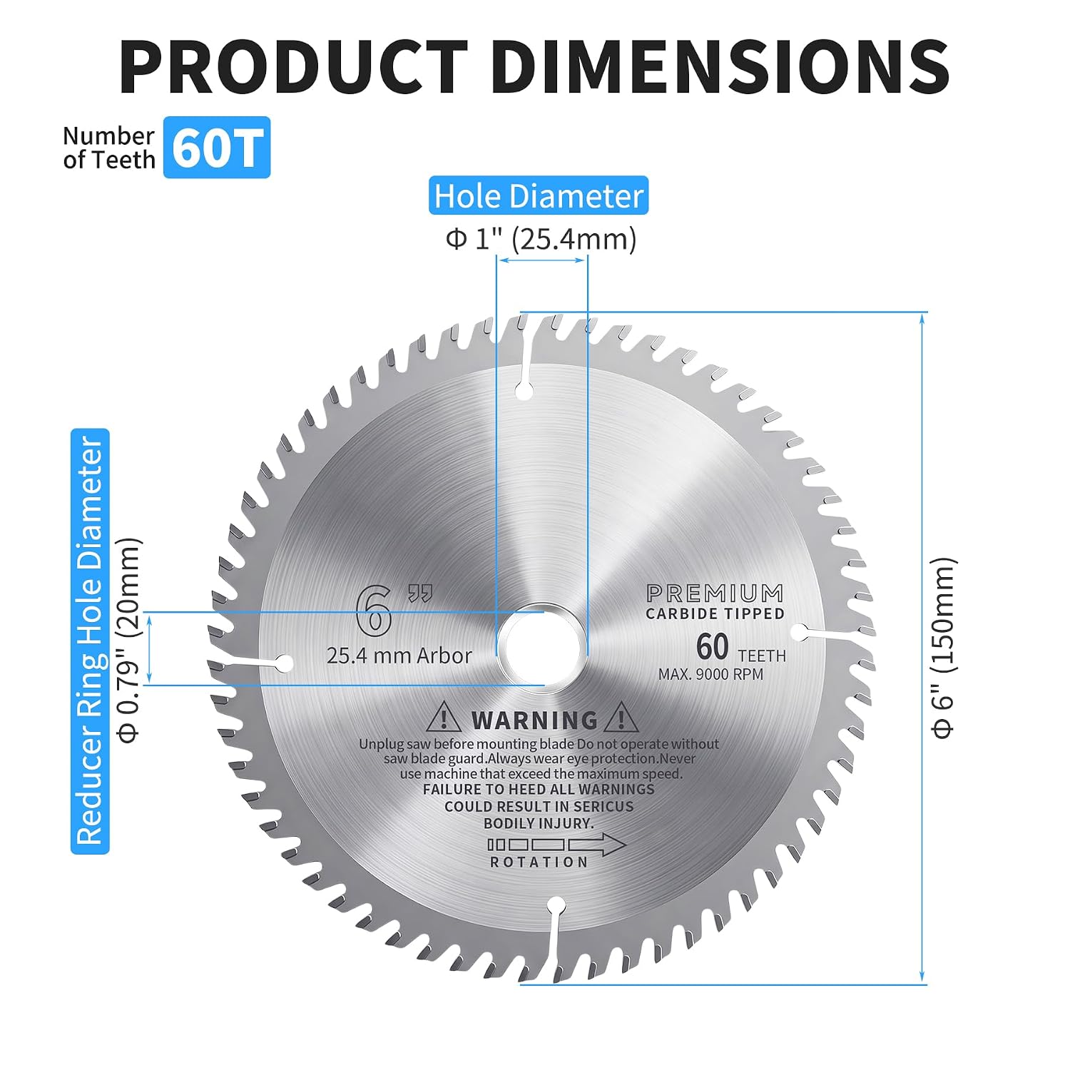 TCT Circular Saw Blade, 6 Inch, 60T | Carbide-Tipped for Table & Miter Saws, Fine Finish, Cuts Metal, Wood, Mild