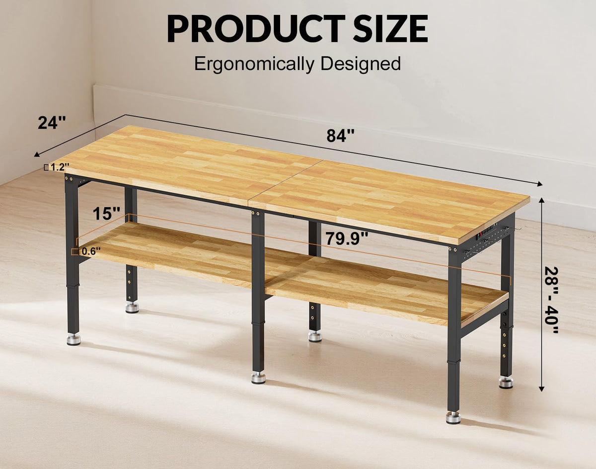 84” Heavy Duty Work Bench, 2-Layer Adjustable Workbench, 5000 LBS Capacity Work Bench with Power Outlet & Pegboard