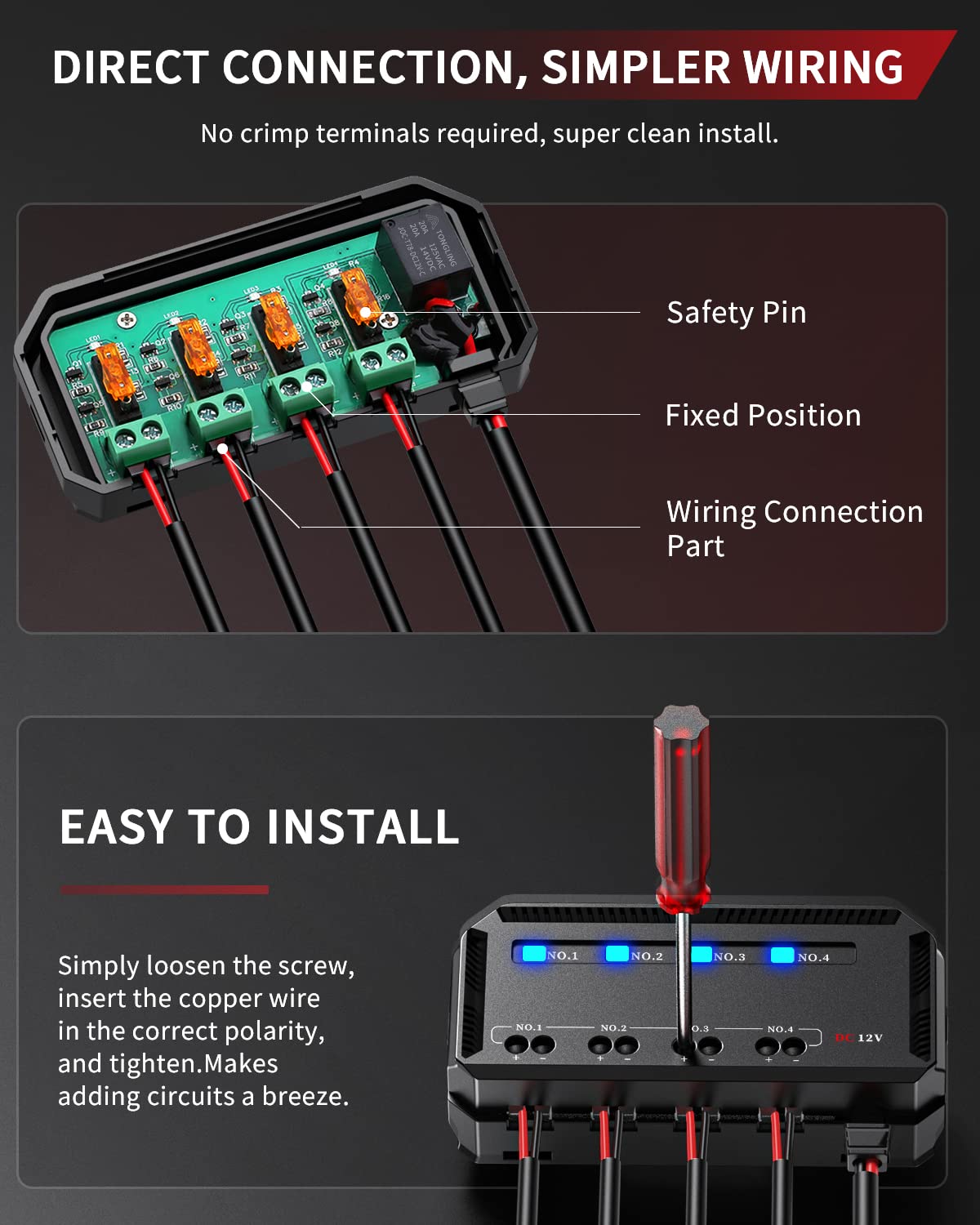 12V Fuse Block, Universal 20A Motorcycle Automotive Fuse Block Fuse and Relay Box Kit with 4 Circuits Low Profile