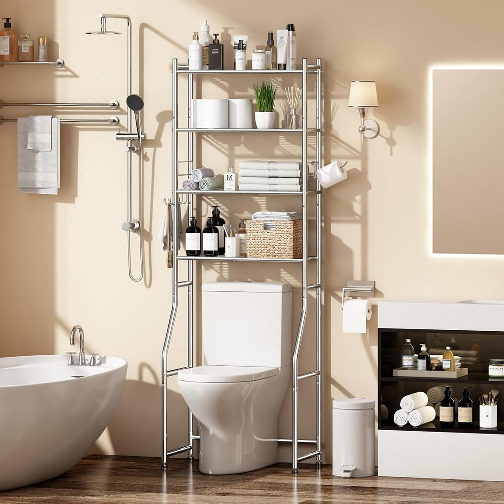 Over the Toilet Storage Cabinet, Metal 4 Tier Bathroom Shelves Over Toilet, Bathroom Oragnizer with 4 Hooks and Paper