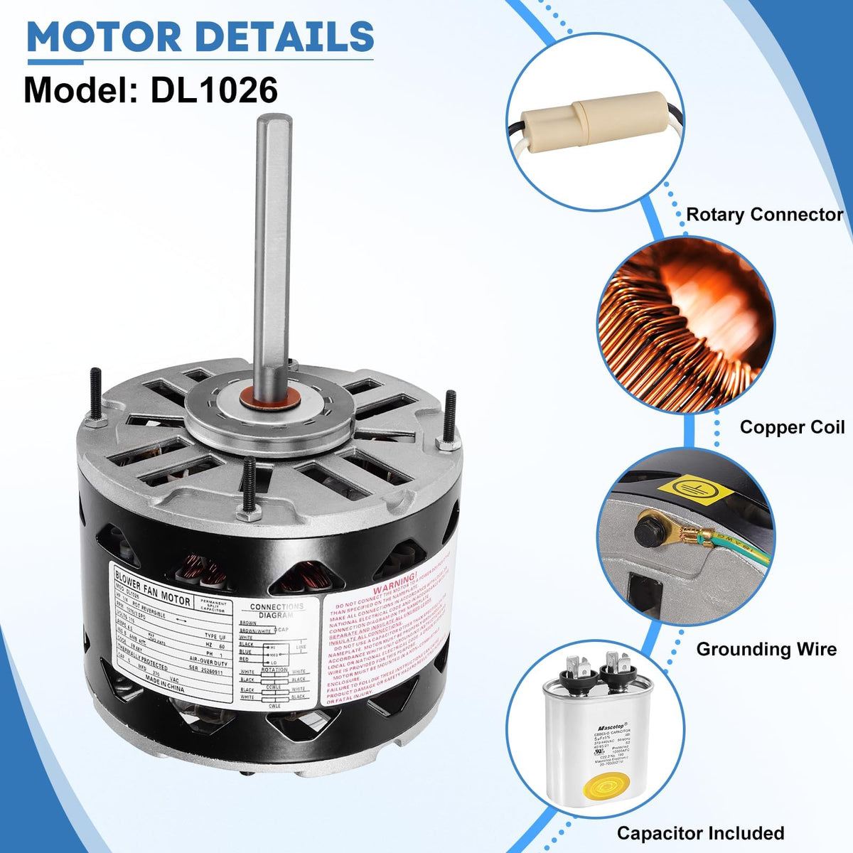 DL1026 Direct Drive Blower Motor 1/4 HP 115V, 1075 RPM 3-Speed