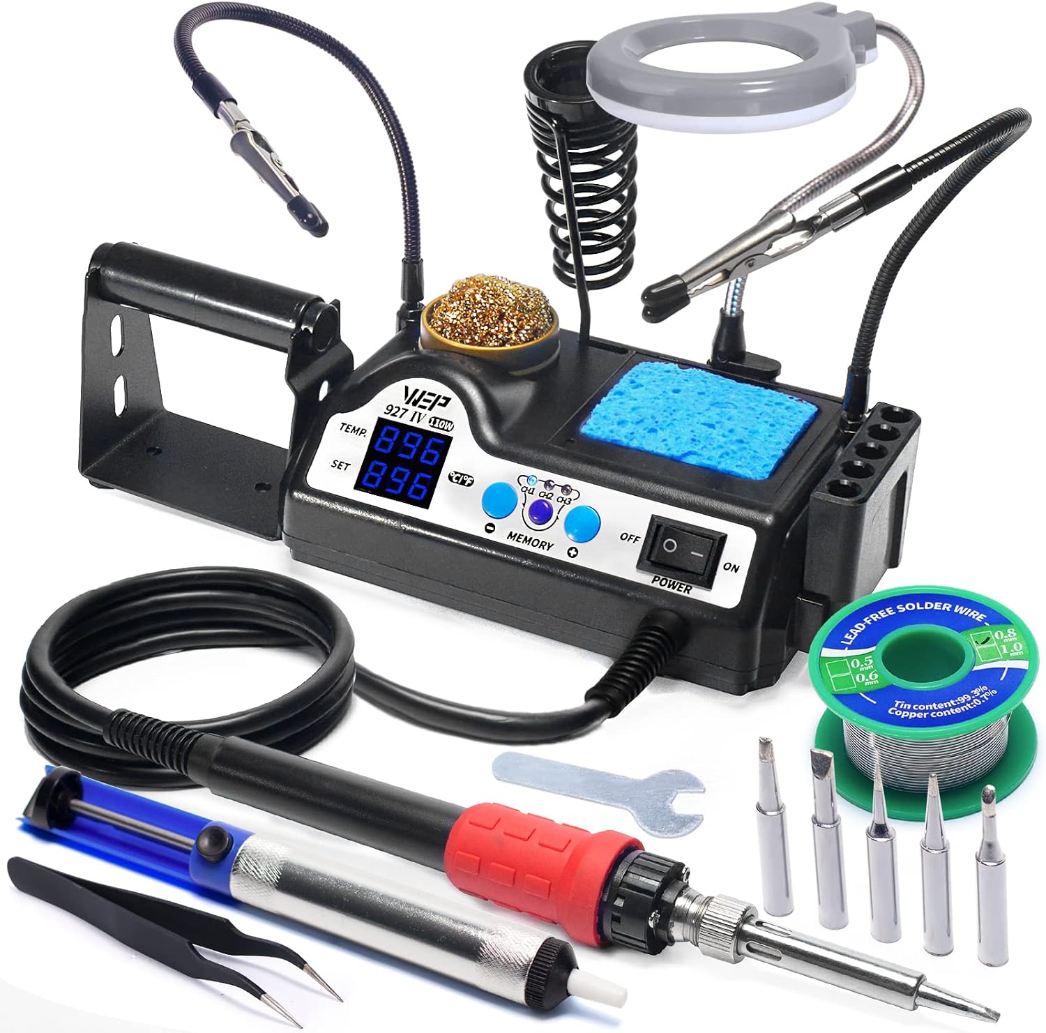 927-IV Soldering Station Kit High-Power 110W with 3 Preset Channels, Sleep Mode, LED Magnifier, 5 Extra Iron Tips