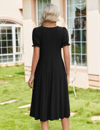 Womens Summer Dress Casual Midi Dresses 2026 Short Puff Sleeve Flare Dress Pleated Flowy Sundress with Pockets