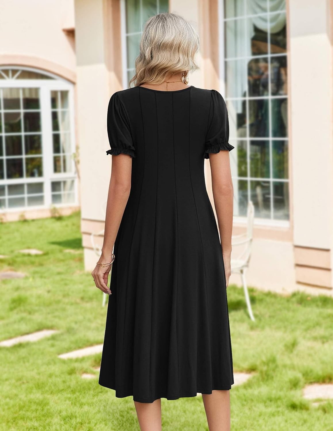 Womens Summer Dress Casual Midi Dresses 2026 Short Puff Sleeve Flare Dress Pleated Flowy Sundress with Pockets