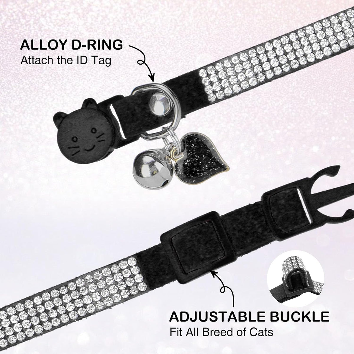 Rhinestone Cat Collar Breakaway, Bling Sparkly Diamond, Black