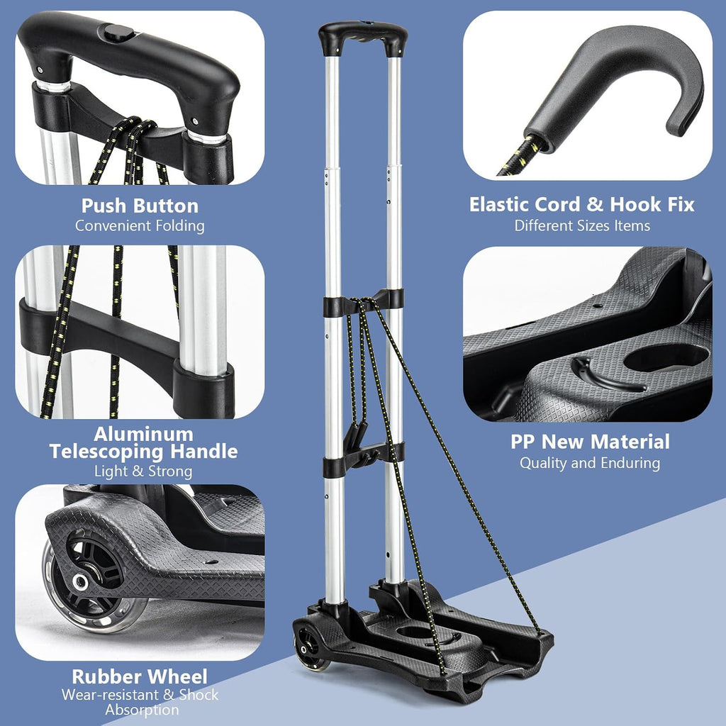 Small Folding Hand Truck Dolly with 2 Wheels, Foldable Luggage Cart, Lightweight Aluminum Collapsible Trolly Portable